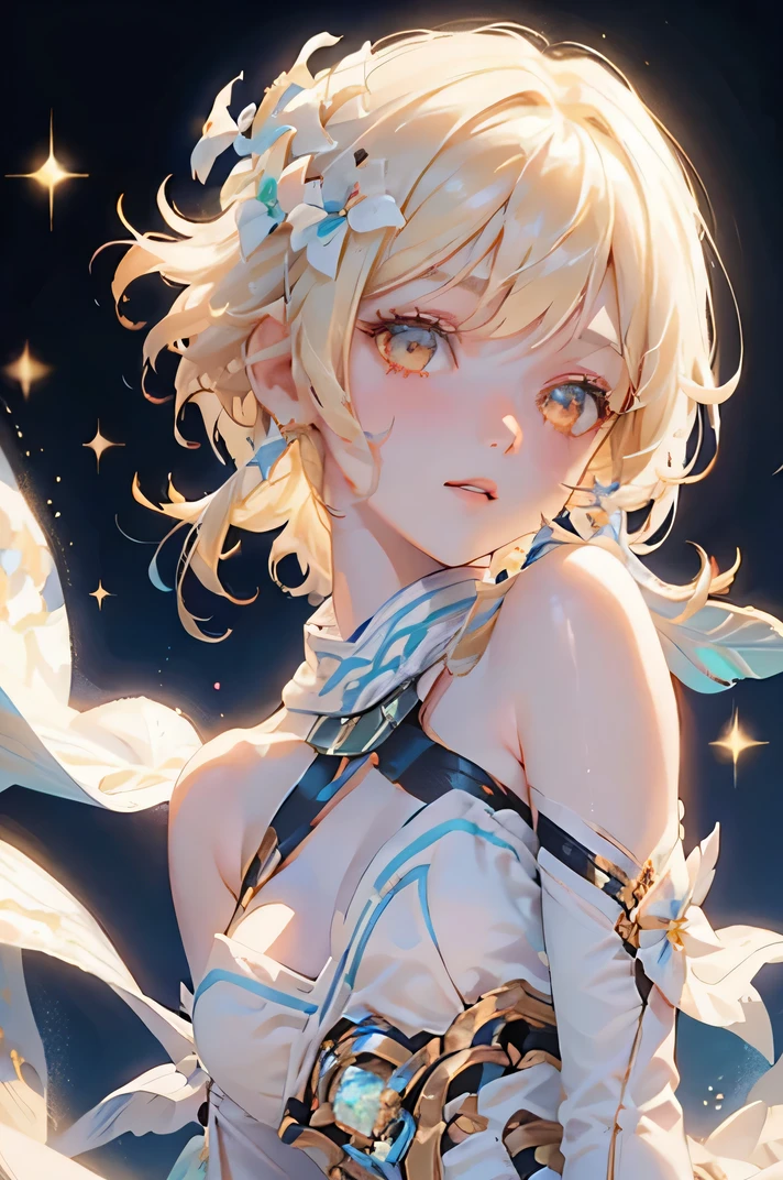 1 girl solo, short blond hair, white flower hair ornament, white dress, bare shoulders, detached sleeves, long white stockings, fingerless gloves, iridescent light, glowing rainbow crystals, sparkles, stars, floating in space, dark background with stars and galaxies, ((portrait closeup face))