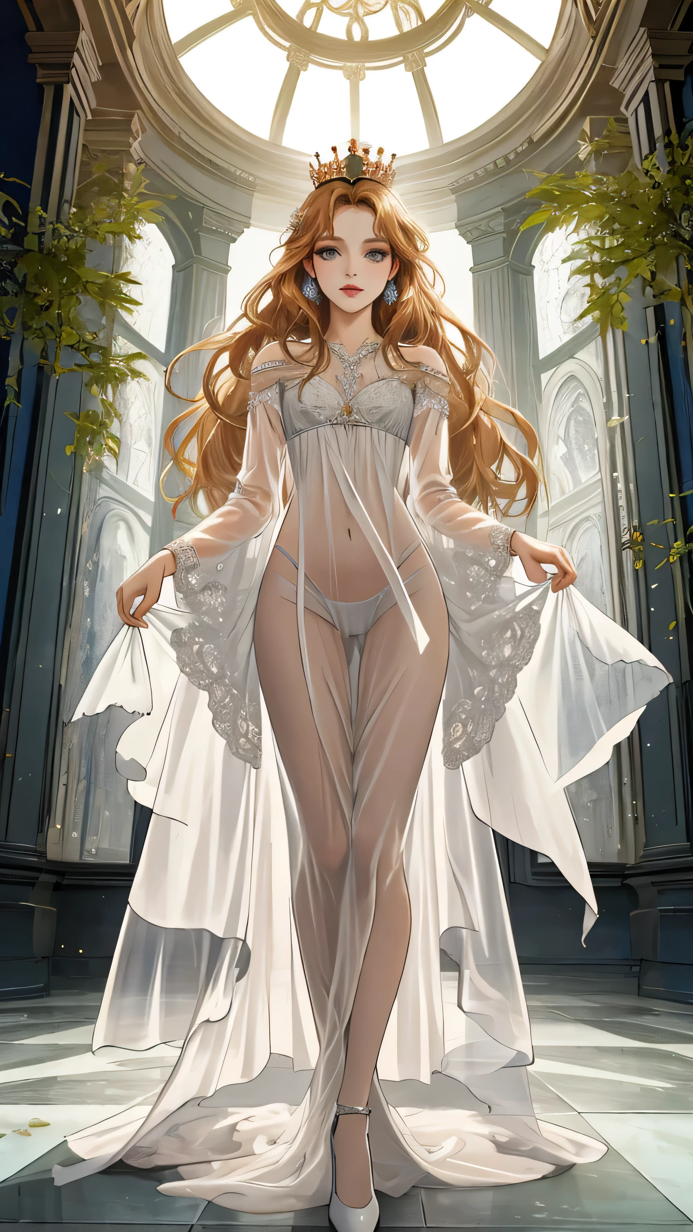 240208. A hyper realistic picture of Claire. Beautiful woman. ((Perfect body)). Sexy. Slim. ((Solo)). ((Claire's attire, inspired by "The Divine Comedy" by Dante Alighieri, boasts a regal elegance. Wearing a flowing, floor-length gown in celestial hues, she exudes divine allure. A crown of delicate laurel leaves adorns her perfectly coiffed hair, and subtle yet radiant makeup enhances her features. In an ethereal setting reminiscent of Dante's Paradiso, Claire stands as a symbol of transcendent beauty.)). (See-through, bare pantyhose). ((((Show erected small teats thru clothes)))). ((Show trimmed vulva)). ((Delicate and symmetrical features)). Graceful presence. (Captivating and perfect grey eyes). (Silky ginger hair). Rosy tint complexion. Captivating smile with enchanting lips. Slender figure. ((Perfect hands)). Sense of style with alluring charm. Effortless elegance, sophisticated.
