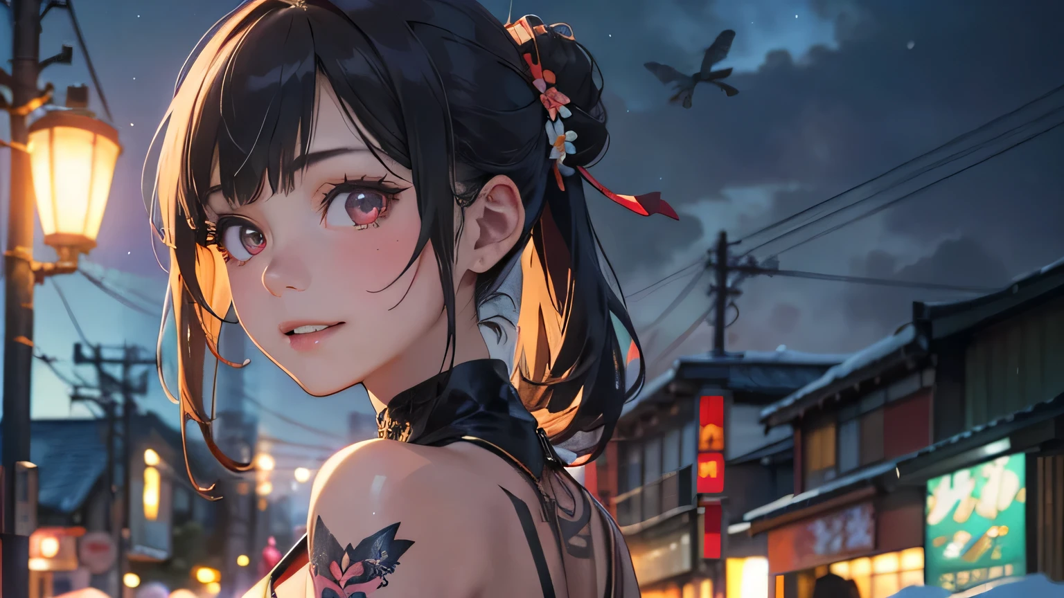 a 20 yo woman、Blackberry Hair、long twintail、Big smile、cleavage of the breast、Thighs at a glance、fishnet tights、Long cheongsam with long purple ankles on open chest、(hi-top fade:1.3)、dark themed、Muted Tones、Subdued Color、highly contrast、(natural skin textures、Hyper-Realism、Soft light、sharp) (masutepiece, of the highest quality, Best Quality, Official art, Beautiful and aesthetic: 1.2), (1girl in: 1.3), Very detailed, (Fractal Art: 1.1), (Color: 1.1) (Flowers: 1.3), (By Yuko Higuchi:1.4), Yuko Higuchi,(posted by Yow:1.2),(linear art),Line drawing,Pen drawing,Zentangle,(Tattoo patterns:1.2),(complex lines),(masutepiece),(Best Quality:1.1), (Ultra-detailed),Best Illustration,finely detail,hand-drawn high quality,High contrast,(Clean lines:1.3),ligne claire,(Portrait),(very closeup:1.1),1 girl,Solo,The girl is wrapped in snow,(Intricate details:1.3),(Detailed background:1.2),(coloured background:1.1),sketch,Intricate details,High resolution，a moon，top-quality、8K、hight resolution、​masterpiece、(portlate:0.6)、A dark-haired、Middle hair、(grinning evily:1.3)、(Look at viewers:1.3)、(bokeh dof)、18year old、8K, masutepiece, (Photorealistic:1.5), Artistic portrait from behind ((Yakuza Girls) Wearing tight croptop leather suit), back tattoo, Revealing the tattoo on the back, (Dragon tattoo), Bare shoulders, huge-breasted,  Beautiful skin, Slim Fit Body, Cute face, nice appearance, look at viewr, Red hair in a bun with bangs, Foggy, Daylight, skyscapers, Clouds, Cozy and cool atmosphere, Dynamic lighting, natural, artistic，18-year-old girl Wahori skin, Yakuza, Japan Mafia, Background of Tokyo Red Light District, Realistic, Photoreal, masutepiece, Best Quality, Movie photo of a Japan cartel gang with tattoos, epic lighting, Yakuza tattoos on Japan, japanese art on behance, Japan culture, Sexy, Exotic, Erotic，Tattoo of butterflies and flowers on the upper body，Tattoo of a huge number of flowers on the arm、