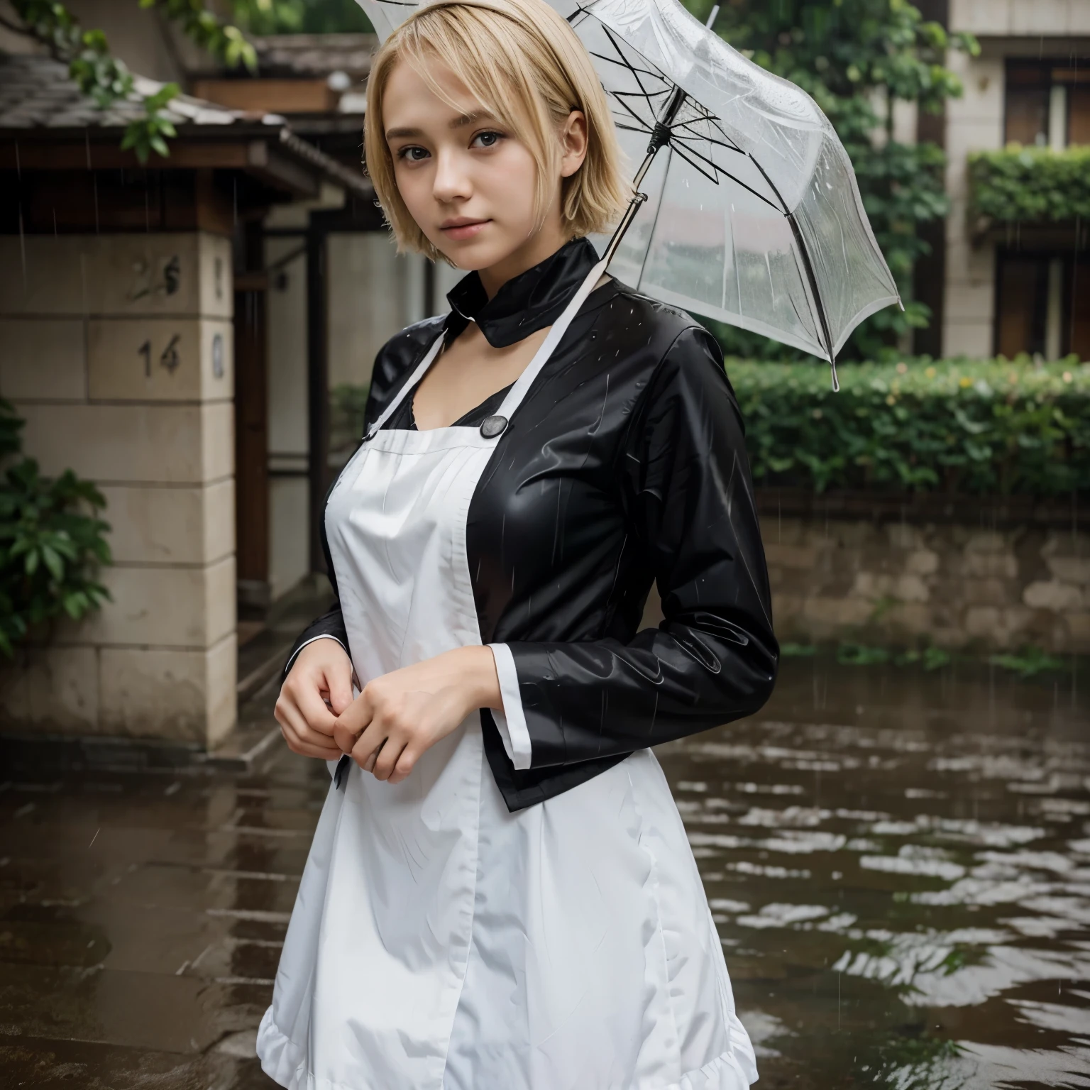 18 year old anime girl, In maid's uniform, Short soft hair, Blonde hair, Beautiful Face, rain, Surface,