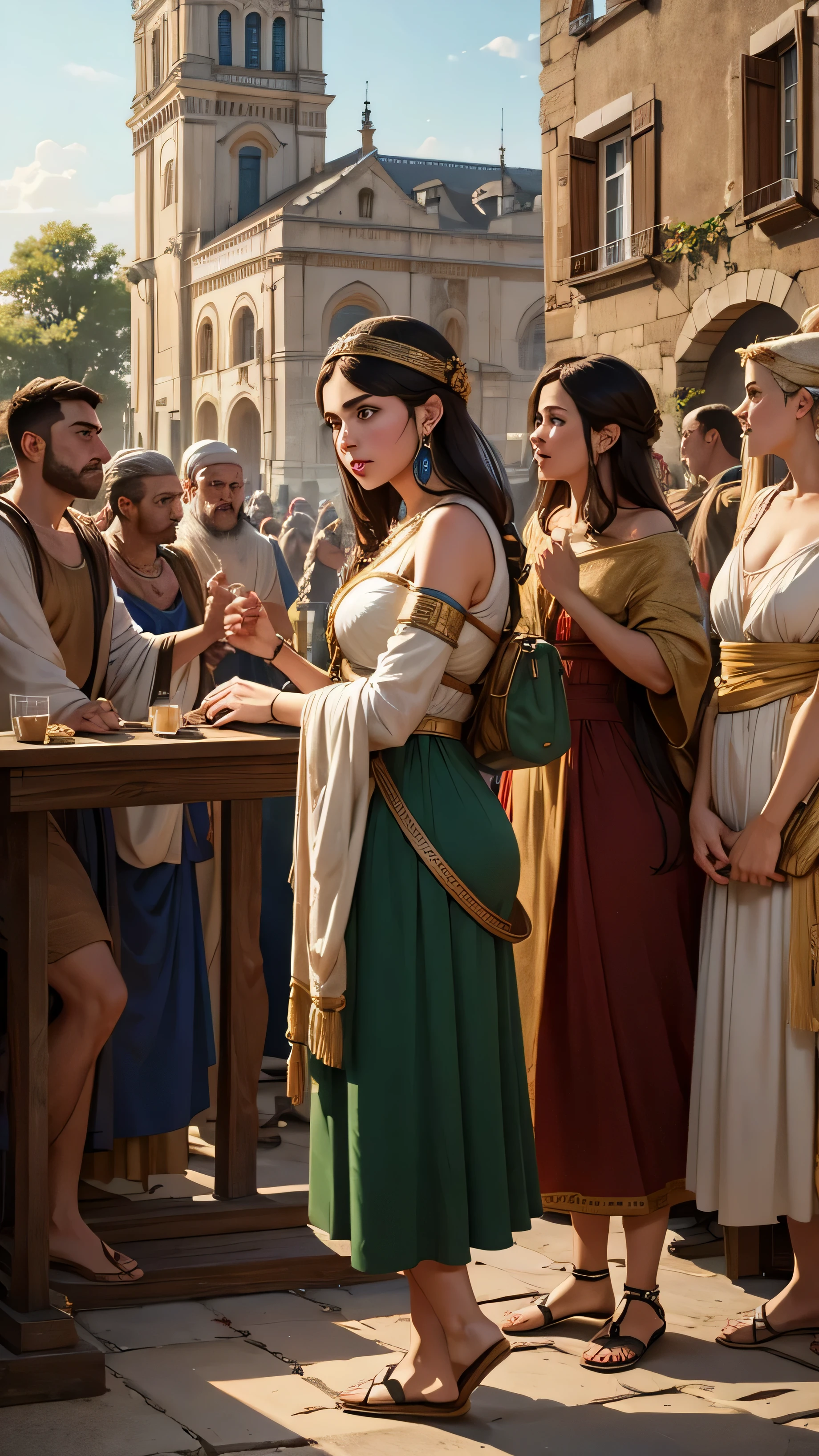 A crowd gossips in the poor European town around 500 BCE