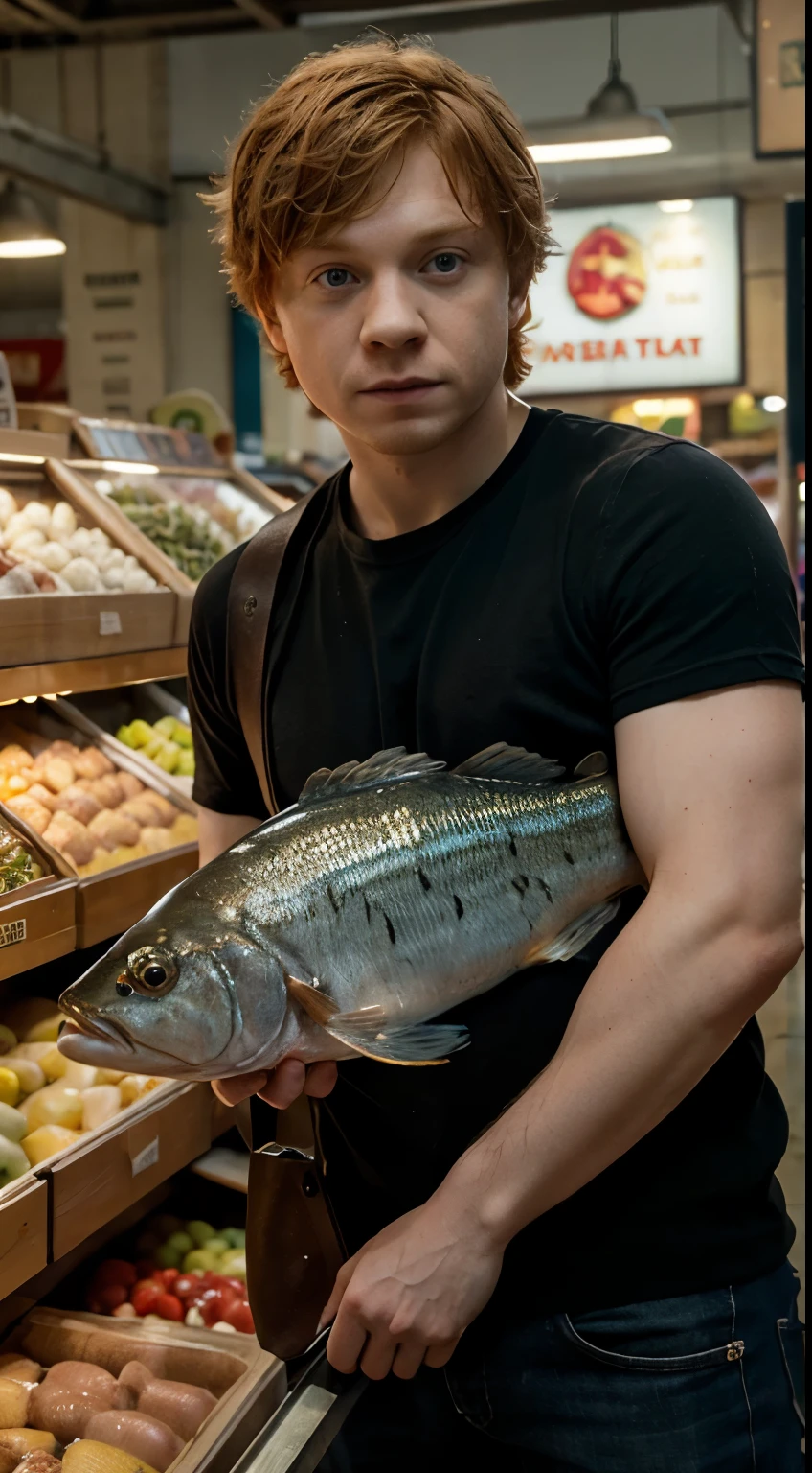 Masterpiece, Highest Quality, Ultra-Detailed, Hyper-Real, Rupert Grint, perfect face, FOTO FRONTAL, cinematic lighthing, full body, Fish market shopping