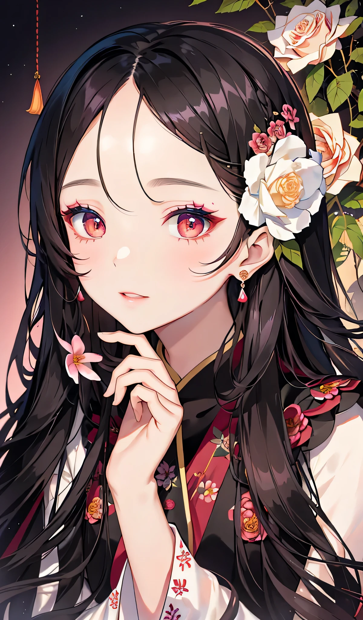 There is a woman with long hair,There is a flower in the hair, Korean popular makeup, Dilireba, Urzan, Korean popular makeup, Samu rice paste, beautiful aesthetic face, korean girl, Bae Xiuzhi, Has a cute and delicate face, huge rose flower face, Korean facial features, young cute korean face
