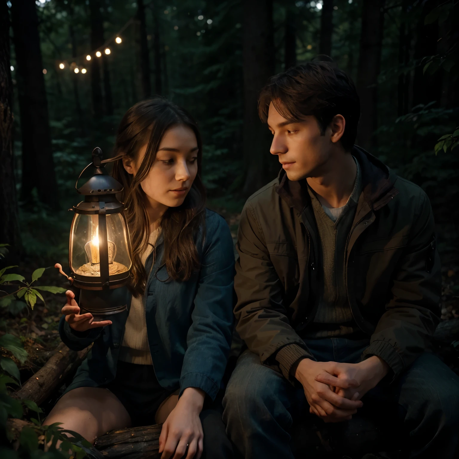 Generate a 4K AI image depicting a young couple, a girl, and a boy, seated closely together on a fallen log in a dense forest at night. An old-fashioned petromax lantern nearby illuminates their faces with a soft, warm glow, casting shadows and highlights. The couple should exhibit shy yet intense expressions of love, with subtle gestures conveying their affection. Surroundings should include detailed foliage, textured tree bark, and atmospheric effects such as mist or fog for added depth. The color palette should consist of rich, natural tones, with deep greens for foliage, warm oranges and yellows for lantern light, and soft blues and purples for the night sky. Focus on capturing the raw emotion and intimacy of the moment, evoking nostalgia and romance.