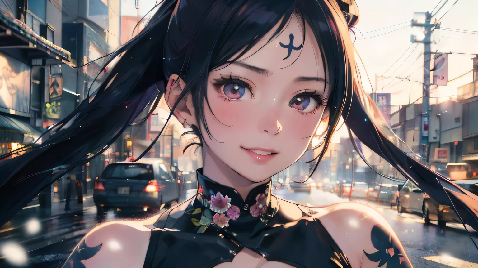 a 20 yo woman、Blackberry Hair、long twintail、Big smile、cleavage of the breast、Thighs at a glance、fishnet tights、Long cheongsam with long purple ankles on open chest、(hi-top fade:1.3)、dark themed、Muted Tones、Subdued Color、highly contrast、(natural skin textures、Hyper-Realism、Soft light、sharp) (masutepiece, of the highest quality, Best Quality, Official art, Beautiful and aesthetic: 1.2), (1girl in: 1.3), Very detailed, (Fractal Art: 1.1), (Color: 1.1) (Flowers: 1.3), (By Yuko Higuchi:1.4), Yuko Higuchi,(posted by Yow:1.2),(linear art),Line drawing,Pen drawing,Zentangle,(Tattoo patterns:1.2),(complex lines),(masutepiece),(Best Quality:1.1), (Ultra-detailed),Best Illustration,finely detail,hand-drawn high quality,High contrast,(Clean lines:1.3),ligne claire,(Portrait),(very closeup:1.1),1 girl,Solo,The girl is wrapped in snow,(Intricate details:1.3),(Detailed background:1.2),(coloured background:1.1),sketch,Intricate details,High resolution,a moon,top-quality、8K、hight resolution、masterpiece、(portlate:0.6)、A dark-haired、Middle hair、(grinning evily:1.3)、(Look at viewers:1.3)、(bokeh dof)、18year old、8K, masutepiece, (Photorealistic:1.5), Artistic portrait from behind ((Yakuza Girls) Wearing tight croptop leather suit), back tattoo, Revealing the tattoo on the back, (Dragon tattoo), Bare shoulders, huge-breasted, Beautiful skin, Slim Fit Body, Cute face, nice appearance, look at viewr, Red hair in a bun with bangs, Foggy, Daylight, skyscapers, Clouds, Cozy and cool atmosphere, Dynamic lighting, natural, artistic,18-year-old girl Wahori skin, Yakuza, Japan Mafia, Background of Tokyo Red Light District, Realistic, Photoreal, masutepiece, Best Quality, Movie photo of a Japan cartel gang with tattoos, epic lighting, Yakuza tattoos on Japan, japanese art on behance, Japan culture, Sexy, Exotic, Erotic,Tattoo of butterflies and flowers on the upper body,Tattoo of a huge number of flowers on the arm、