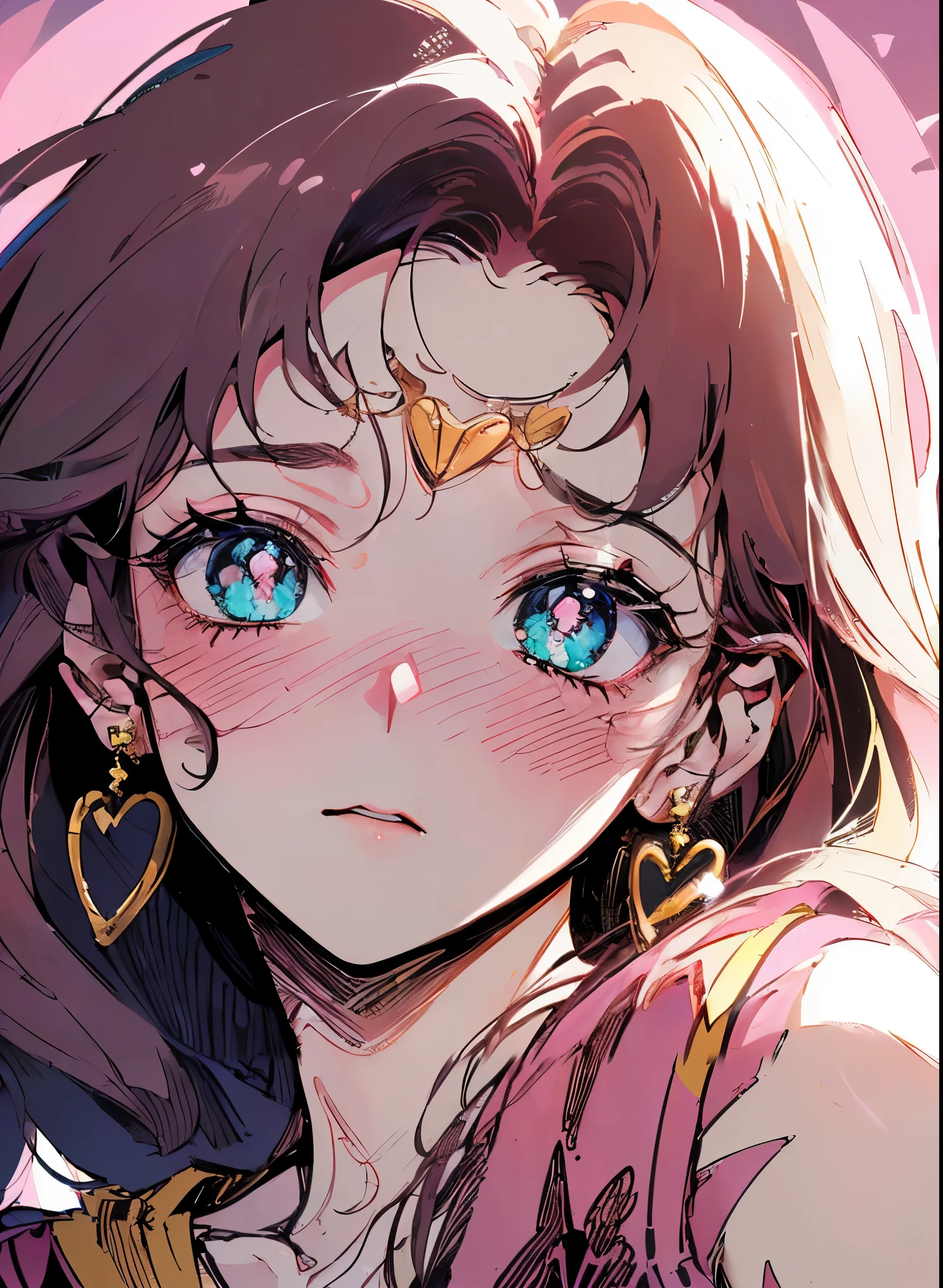 (90's anime style,1990s style,1970s anime, in the style of sailor moon,clear, (blush:1.7),(zentangle:1.1), (geometric:1.1), ((1girl,amazing,sharp focus,cute,Solo,))(Masterpiece,Best quality, offcial art, Beautiful and aesthetic:1.2),(incredibly_absurdres,Golden ratio,) (16k),(upper upper shot,close up),Sharp focus, (highdetailskin,),Delicate pupils,(detailed hair|retro hairstyle|heart earrings|pink bow),(masterpiece sidelighting),(The sheen),(beautiful hair,beautiful eyetremely_Detailed_Eyes_and_face),Brilliant,Glossy