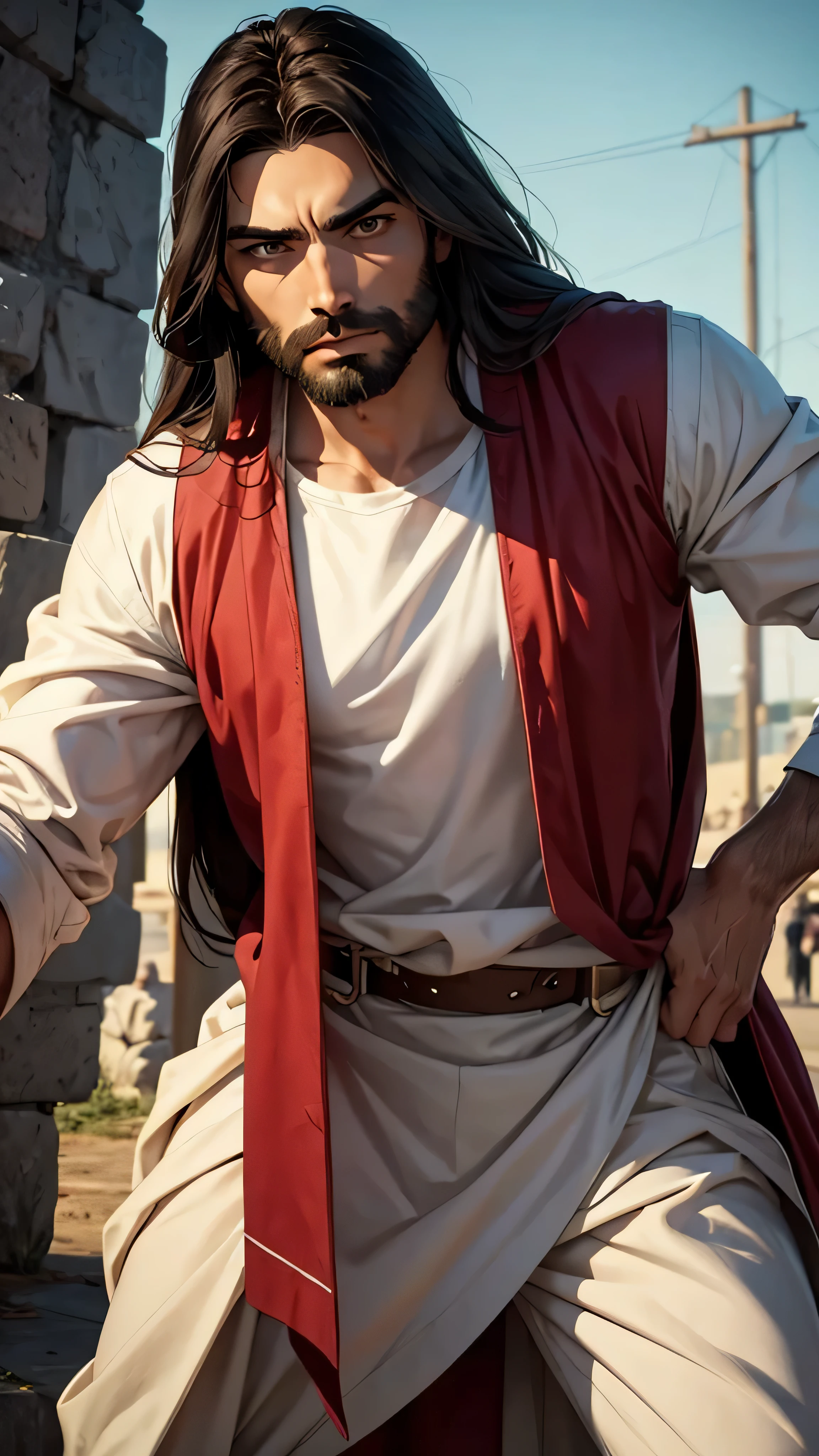 A closeup of Jesus Stopping Someone 