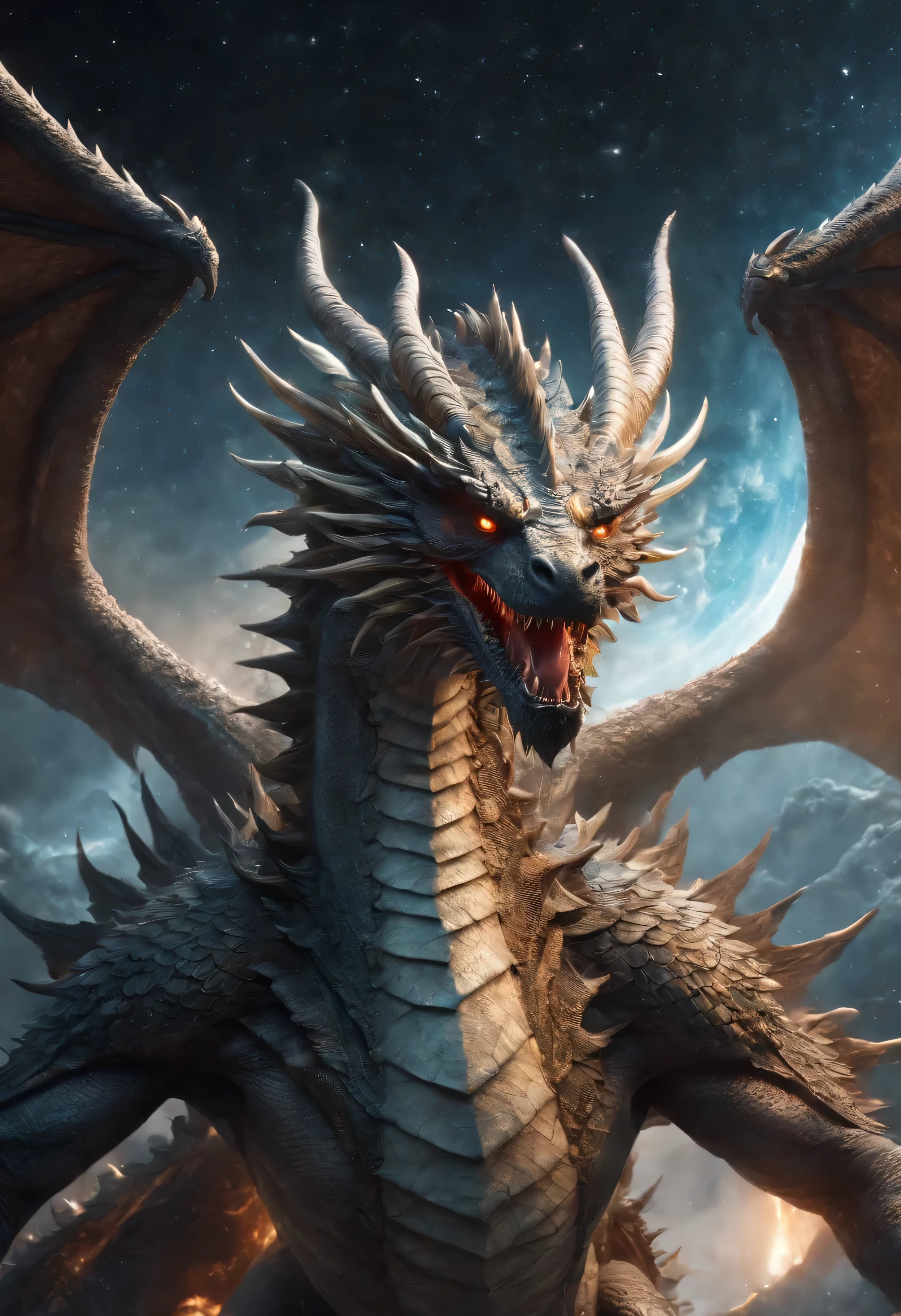 (giant eight-winged cosmic dragon, eyes on wings, earth-shattering), eyes, compressed eyes, missile, shot, detailed wings, cosmic creature, space, extraterrestrial, shooting stars, tentacles, cosmic dust, watery depths, dark and mysterious, alive colours, epic scenery, dramatic lighting, realistic, high resolution, masterpiece:1.2,
too many wings, creature-like cosmic face