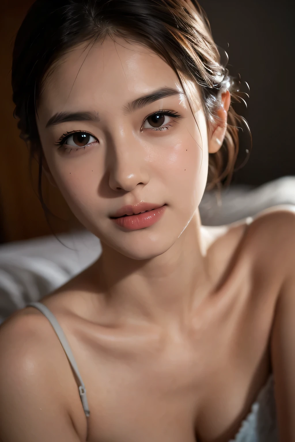 highest quality、masterpiece, ultra high resolution、(Photoreal:1.4)、RAW photo、1 girl、glowing skin、wet body、dramatic lighting, RAW photo, table top:1.3, Super high resolution:1.0, sharp focus:1.2, beautiful woman with perfect figure:1.4, thin abs:1.2, wet body:1.5, Highly detailed face and skin texture, fine eyes, double eyelid, perfect facial balance, Clean system, smile, Soft light in a beautiful studio, rim light, vivid details, surreal, fine and beautiful skin, realistic skin, rubber suit, beautiful face, Beautiful woman, high solution face, Soft texture, Nudem, Zoom up to face
