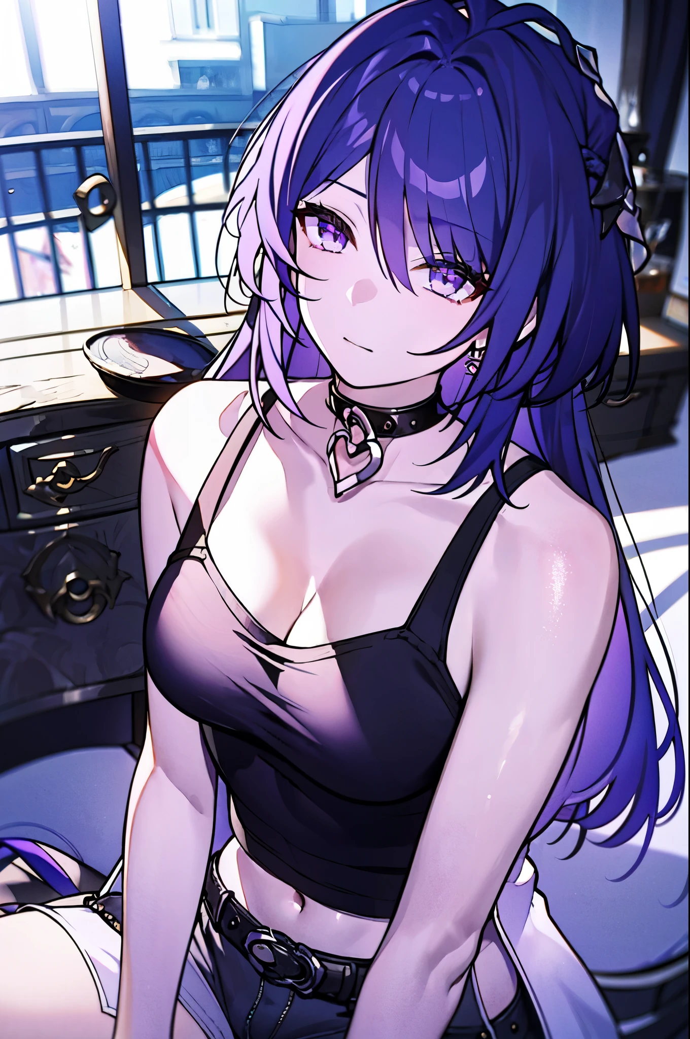 detailed, (masterpiece:1.2), (pale_skin:1.2), (solo:1.2), (female), slender, outdoors, headtilt, long hair, bangs, closed mouth, (black camisole:1.3), (bare shoulders), purple_hair, collarbone, shorts, sitting, (emotionless), purple_eyes