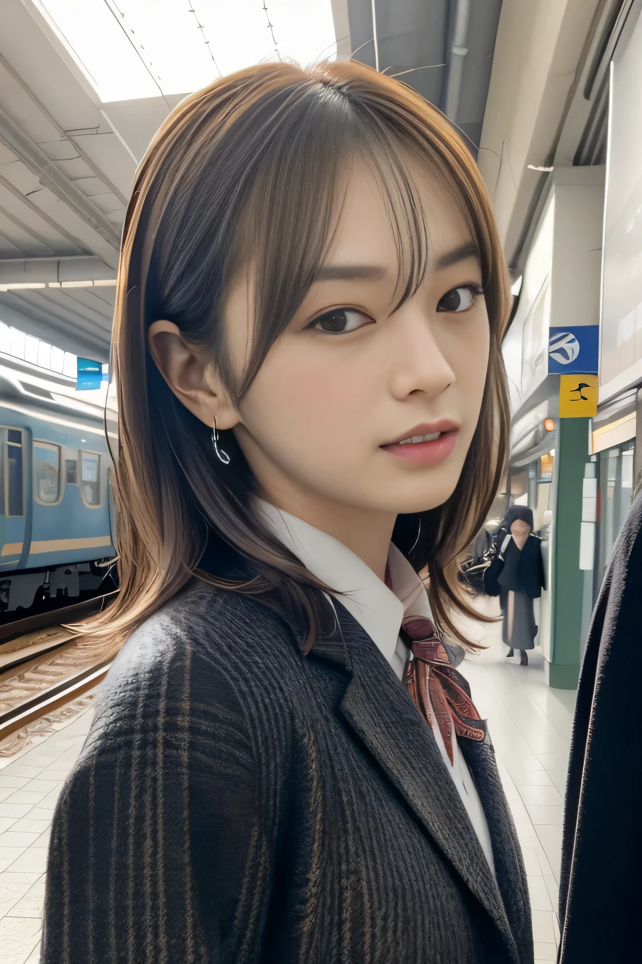 High resolution, RAW photo, realistic, very delicate and beautiful, very detailed, finely, very detailed CG unity 8K wallpaper, super detailed, (highest quality, 8K, 32K, masterpiece, UHD:1.2), Photo of Pretty Japanese model, JK uniform, Blue plaid pleated skirt, tie, Brown cardigan, beautiful and detailed face, Beautiful clear long eyes, delicate figure, expensive, skinny, medium straight hair, upper teeth, outdoor, Walk along the station platform, surreal, real anime girl, looking back from the side,