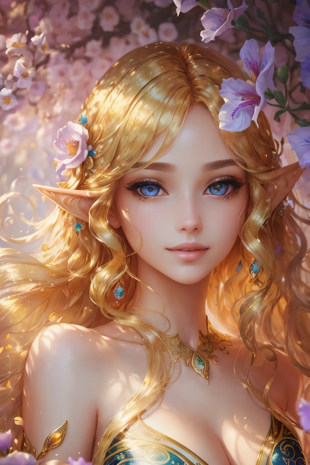 (best quality, high resolution, masterpiece:1.2), ultra-detailed, realistic, (a captivating upper body shot of a beautiful elf woman), psychedelic style, her eyes gleaming with beautiful, intricately detailed irises and long, curling lashes that seem to dance with every blink, full, pouty lips curved into a radiant smile, her features softened by vibrant, ethereal lighting, cascading golden hair that flows like liquid sunshine, her dress made of translucent, colorful petals that seamlessly blend with the lush, surreal background, a serene expression that carries a touch of mysterious allure and a hint of other