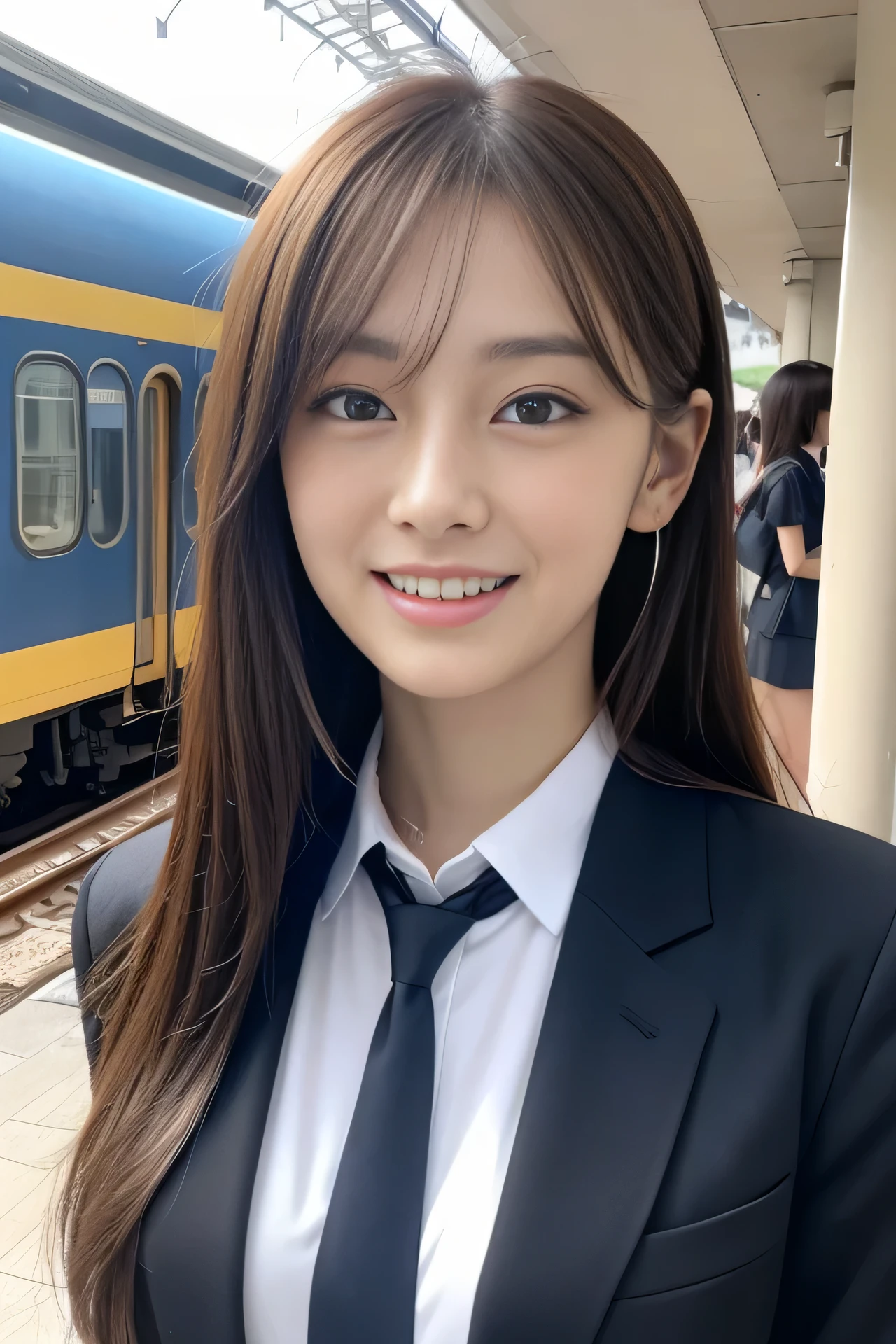 High resolution, RAW photo, realistic, very delicate and beautiful, very detailed, finely, very detailed CG unity 8K wallpaper, super detailed, (highest quality, 8K, 32K, masterpiece, UHD:1.2), Photo of Pretty Japanese model, JK uniform, Blue plaid pleated skirt, tie, Brown cardigan, beautiful and detailed face, Beautiful clear long eyes, delicate figure, expensive, skinny, medium straight hair, innocent smile, upper teeth, outdoor, Walk along the station platform, surreal, real anime girl,