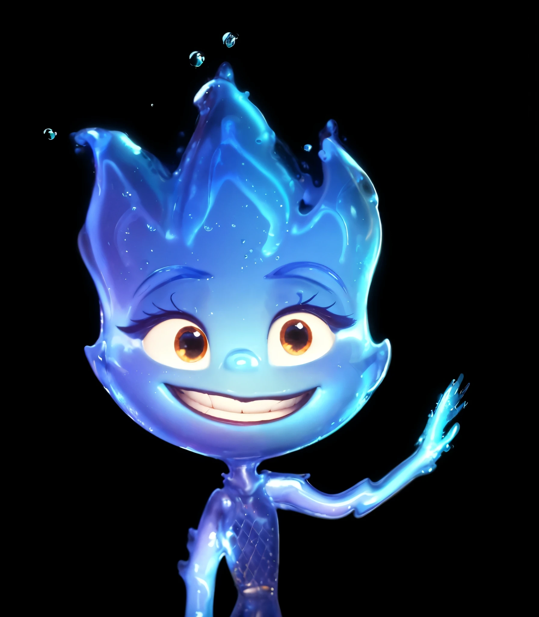 a close up of a cartoon character with a glowing face, cute pixar character, pixar cute character design, concept art portrait creature standing, cute, she is made of water, jelly texture, inner glow, shining from inside, three quarters, short length body, digital artwork, cute face, wide happy smile, vivid water glossy texture, 3d render, glossy painting, highly detailed, blue background, high detailed water texture, blue rim light, vivid saturation render, pure black background, rim light, 4k, detailed digital art, reflective, best quality, 4k, masterpiece:1.2, ultra-detailed, realistic, vivid colors, The image of the highest quality, ensuring every detail showcased perfectly. It in 4k resolution, allowing viewers to immerse themselves in the richness of the colors and intricate details. The realistic rendering. under the spotlight, reflecting, high-resolution image, realistic rendering, dark background, and rim light