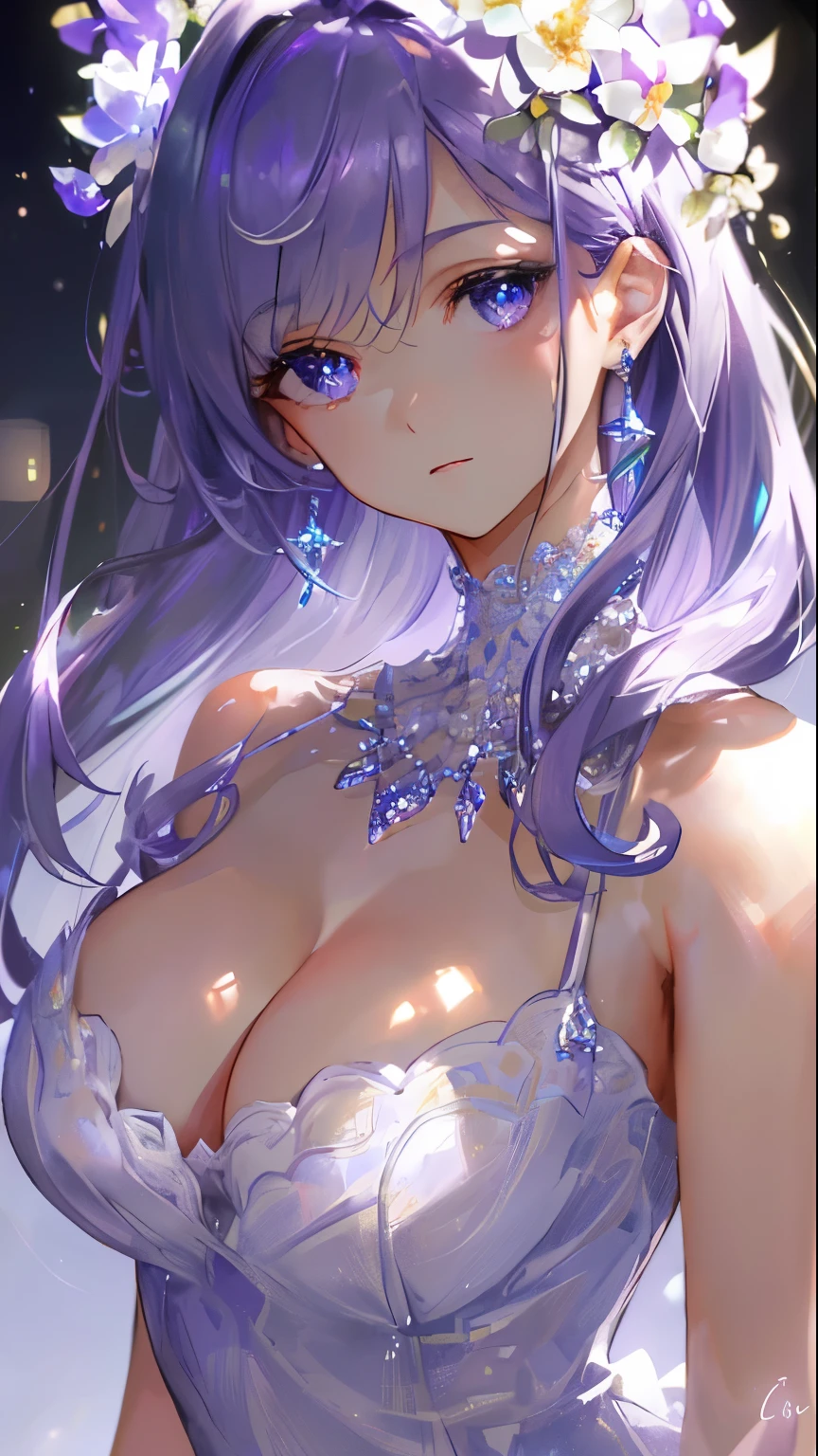 masterpiece, highest quality, figure, purple, platinum earrings, Platinum Necklace, white dress, 1 girl, cute, (dynamic lighting:1.2), cinematic lighting, delicate features, fine eyes, sharp pupils, ((shapely massive chest;1.5)), realistic student, Depth of bounds written, Bokeh, sharp focus, (very detailed, bloom, shine:1.4), Many Small Gems