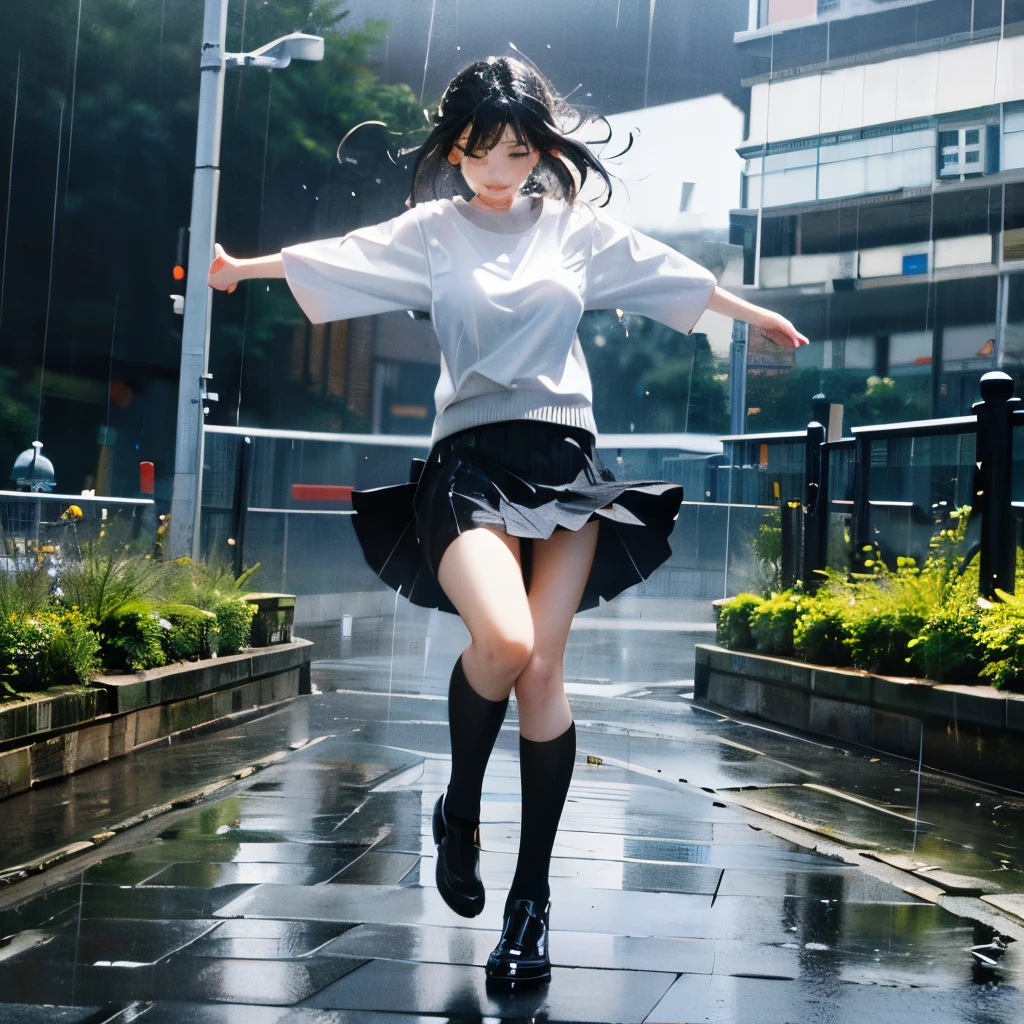 8k,3D,women 25 years old,wearing casual outfit skirt,jump up high ,huge windy and storm rain,full body wet,luagh,rejoice,background garden near steam.