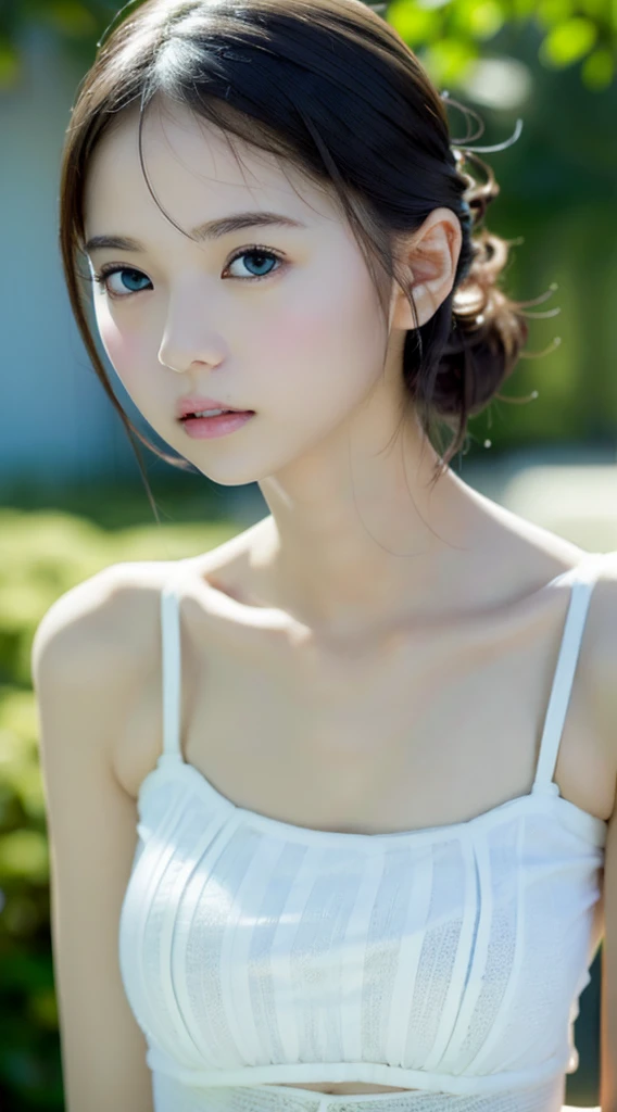 Top Quality, White Skin, Real Human Skin, (Detailed), Oval Face, Pore, Ultra High Definition, (8k, RAW Photography, Photorealistic: 1.4), One Girl, Slim, Happiness (Gentle and Goddess-like Eyes): 1.2), (Lip Gloss, Eyelashes, Gloss Face, Best Quality, Ultra High Definition, Wide Lighting, Natural Shading), Shot from the Side, Huge Breasts, Side , white camisole, full body, standing figure, hands behind the back, beautiful constriction, slender, short hair, sagging eyes, double eyelids, Japan person, white wall,
