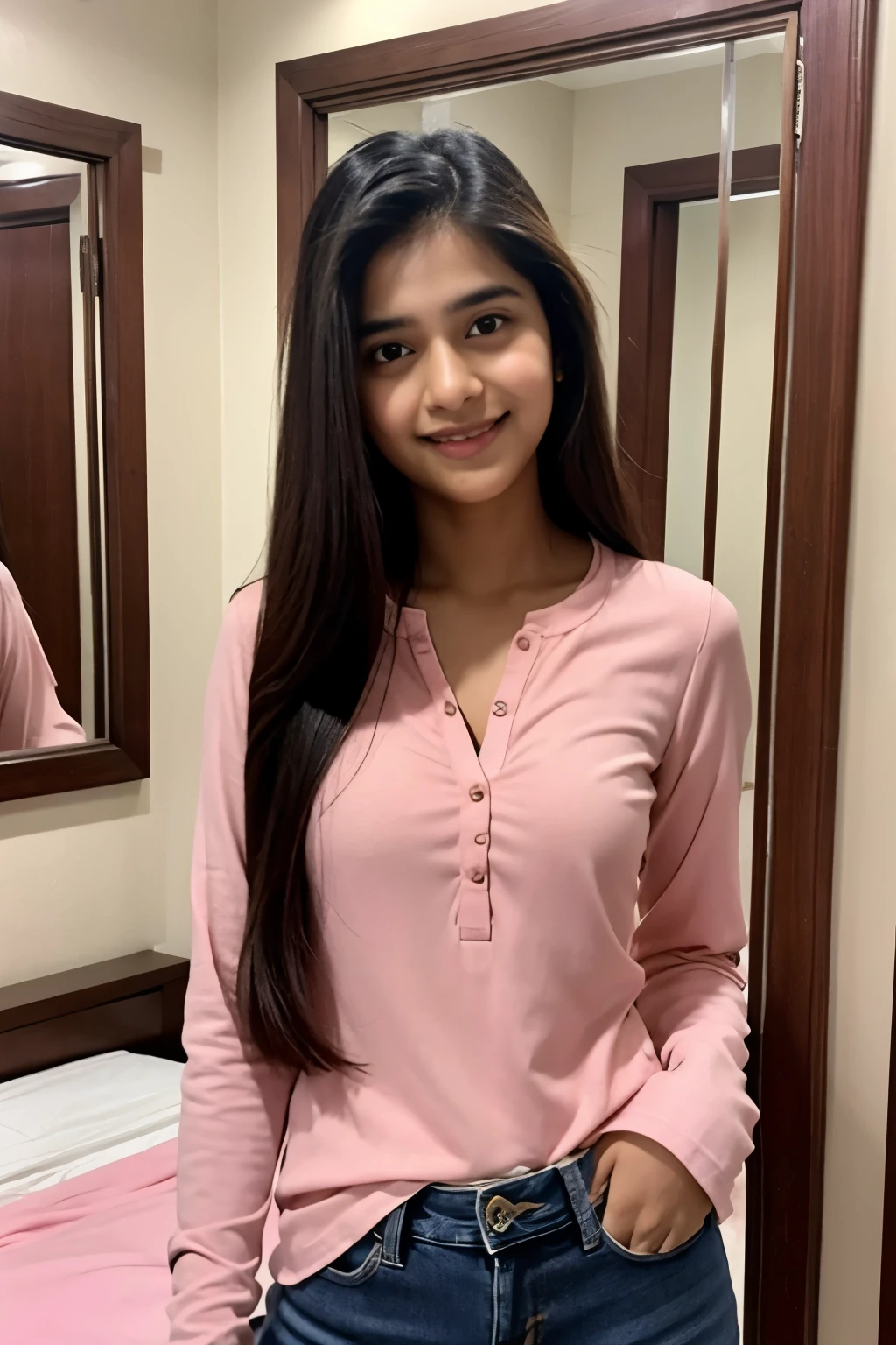 Indian 20 year young girl, wearing pink kurti and jeans, long hair, front of mirror, smiling, perfect face, big house, bedroom ,night time