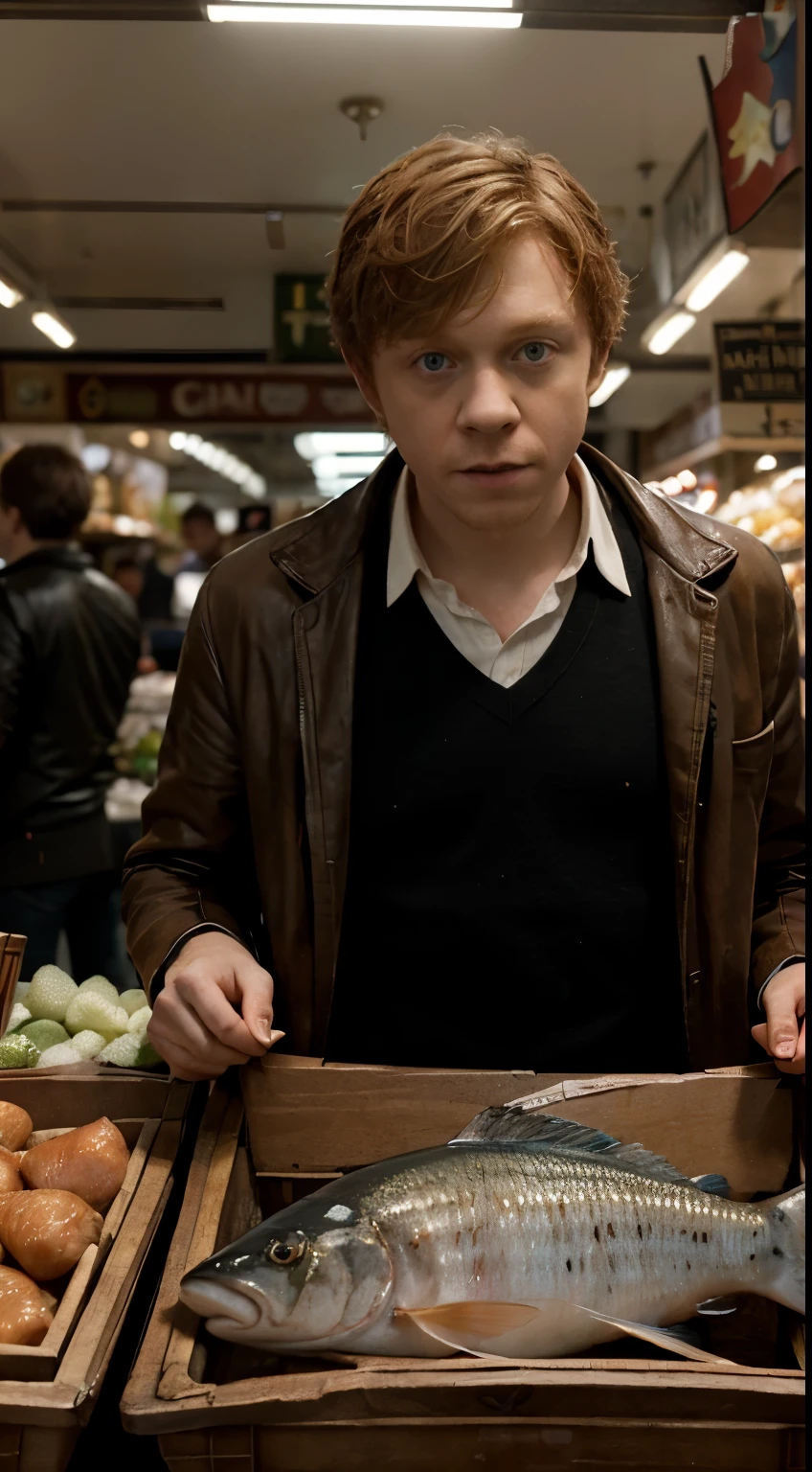 Masterpiece, Highest Quality, Ultra-Detailed, Hyper-Real, Rupert Grint, perfect face, FOTO FRONTAL, cinematic lighthing, full body, Fish market shopping