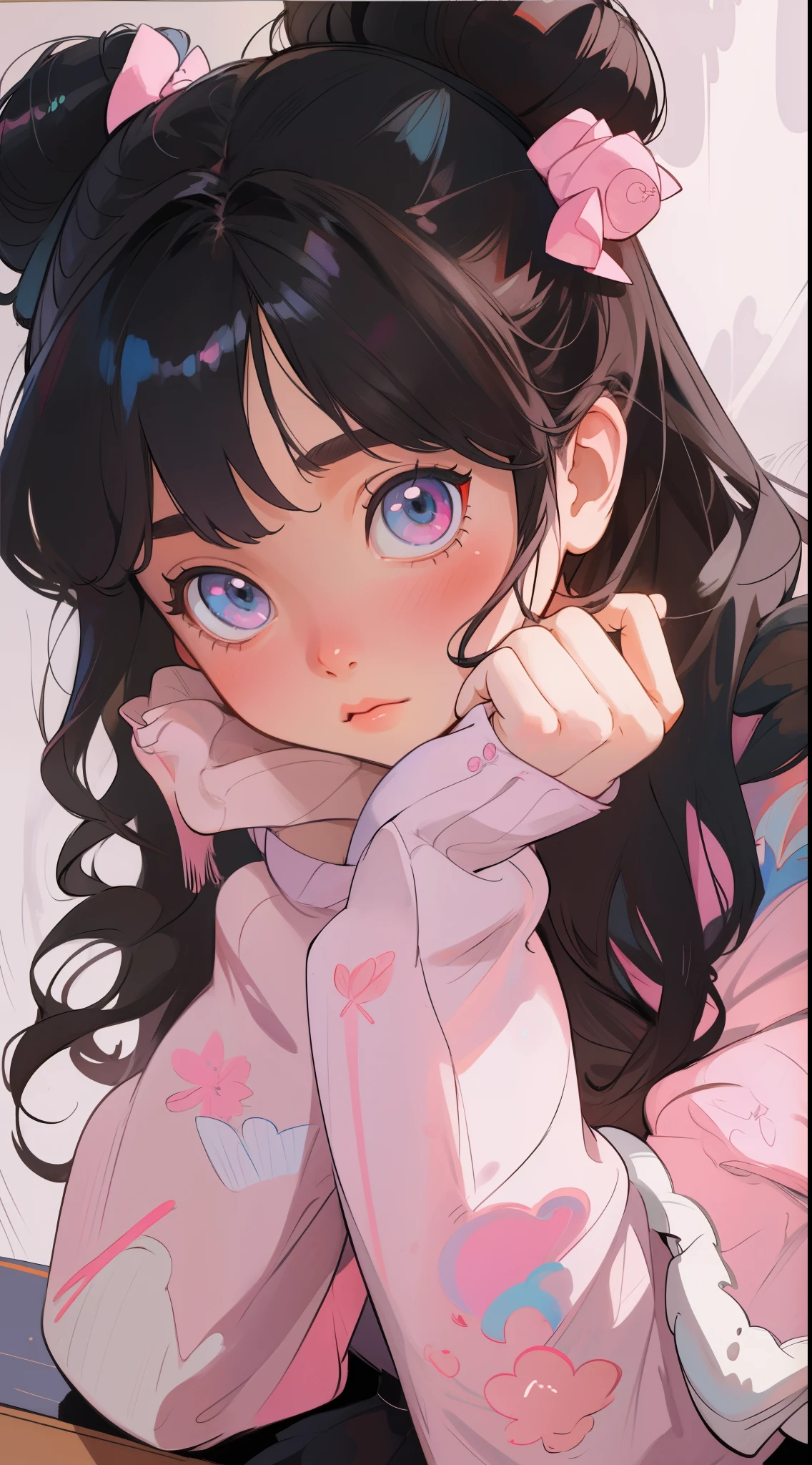 Anime girl with black hair and pink bow sitting at table, kawaii realistic portrait, soft anime illustration, Cute anime girl, digital anime illustration, detailed portrait of an anime girl, artwork in the style of guweiz, anime style portrait, portrait of cute anime girlbabes, portrait of cute anime girlbabes, Beautiful Anime Portrait, Detailed Digital Anime Art, guweiz、Floral jacket