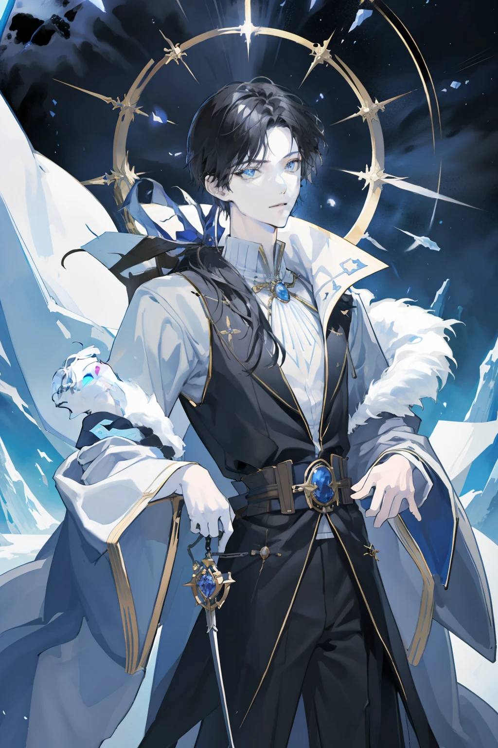 masterpiece, highest quality, 1 boy, aダルト, good looking, tall and slender boy, broad shoulders, small eyes and small face, a, fantasy, epic background, throne, magic effect, ice, Depth of bounds written,Game Characters,ロシa人,Black fur coat

