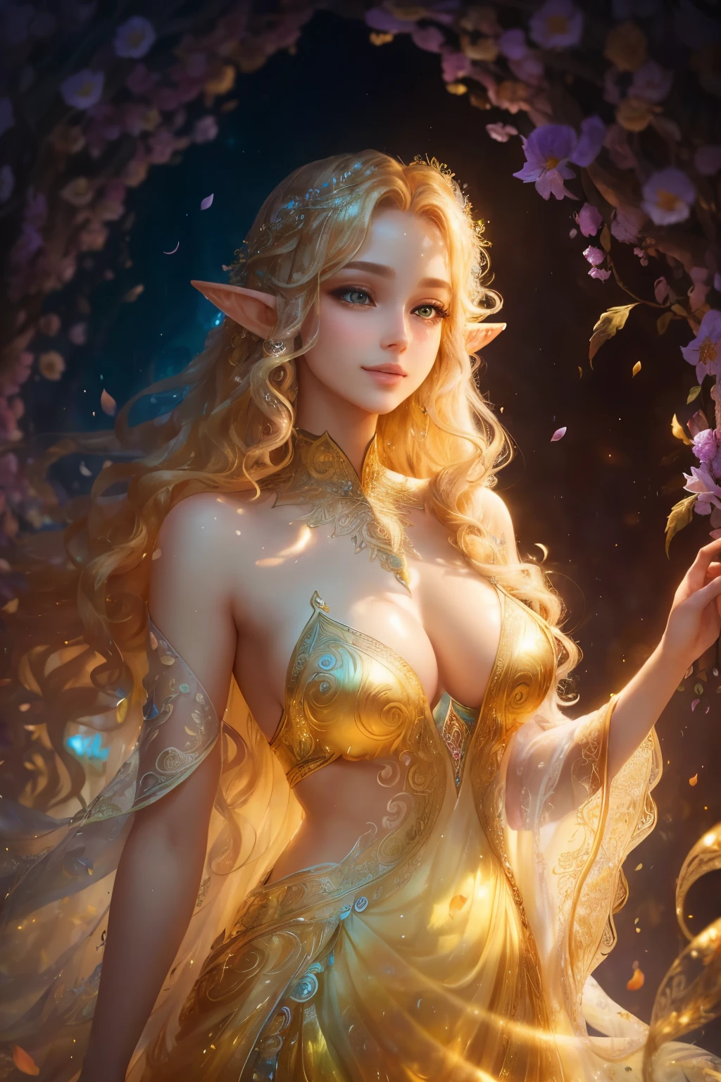 (best quality, high resolution, masterpiece:1.2), ultra-detailed, realistic, (a captivating upper body shot of a beautiful elf woman), psychedelic style, her eyes gleaming with beautiful, intricately detailed irises and long, curling lashes that seem to dance with every blink, full, pouty lips curved into a radiant smile, her features softened by vibrant, ethereal lighting, cascading golden hair that flows like liquid sunshine, her dress made of translucent, colorful petals that seamlessly blend with the lush, surreal background, a serene expression that carries a touch of mysterious allure and a hint of other