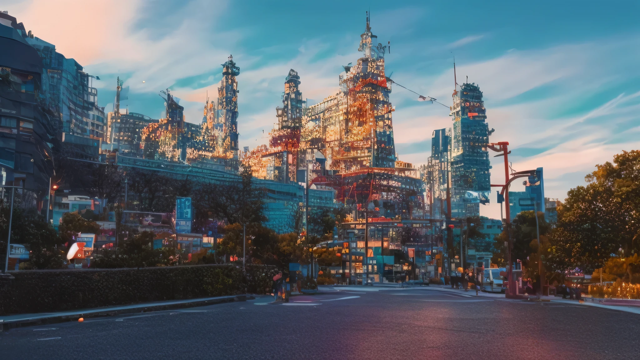Desolate street with high towers in the background々Nice view, threatened Hideo, inspired by Miwa Komatsu, by Kentaro Miura, in style of kentaro miura, Aesthetics of traveling to Japan, he threatened to hide, Inspired by Kentaro Miura, pigeon, by Shinoda Toko, Miku, kimi no na wa, album art