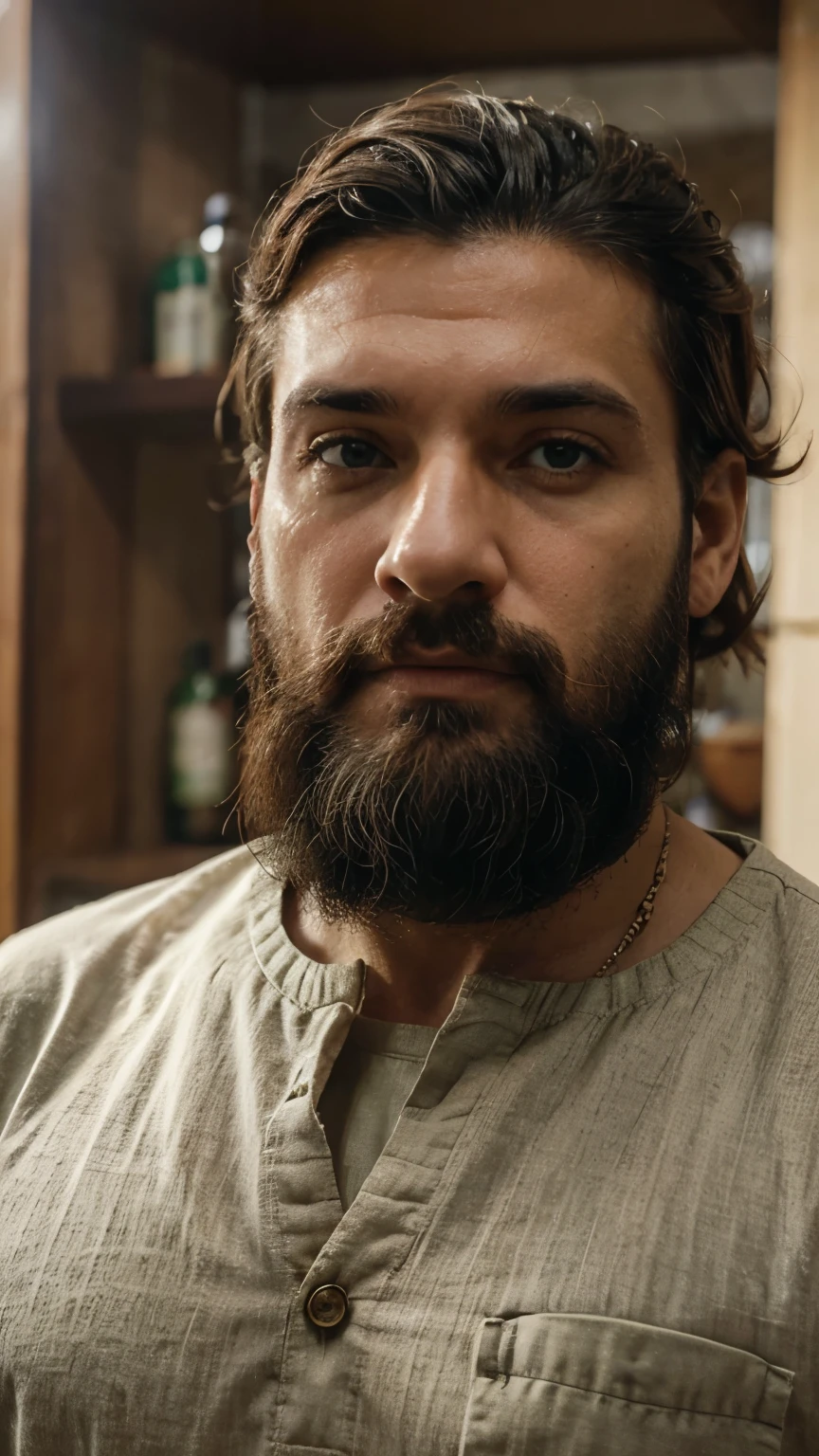 Homem moreno cabelo cacheado, olhos verdes, barba baixa, assas (do lado esquerdo preta, do direto branca) usando terno 