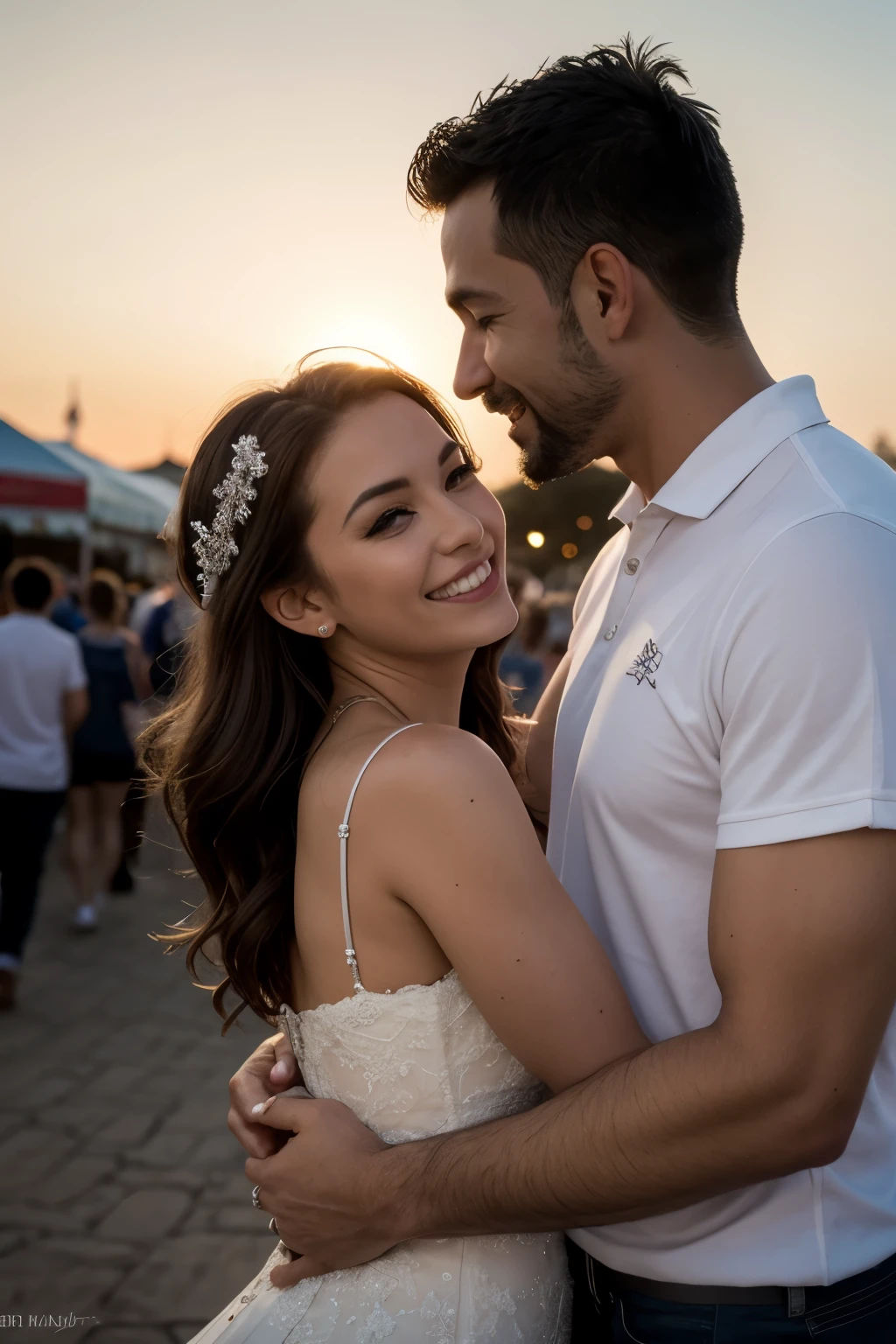 pareja de novios felices en atardecer en feria,