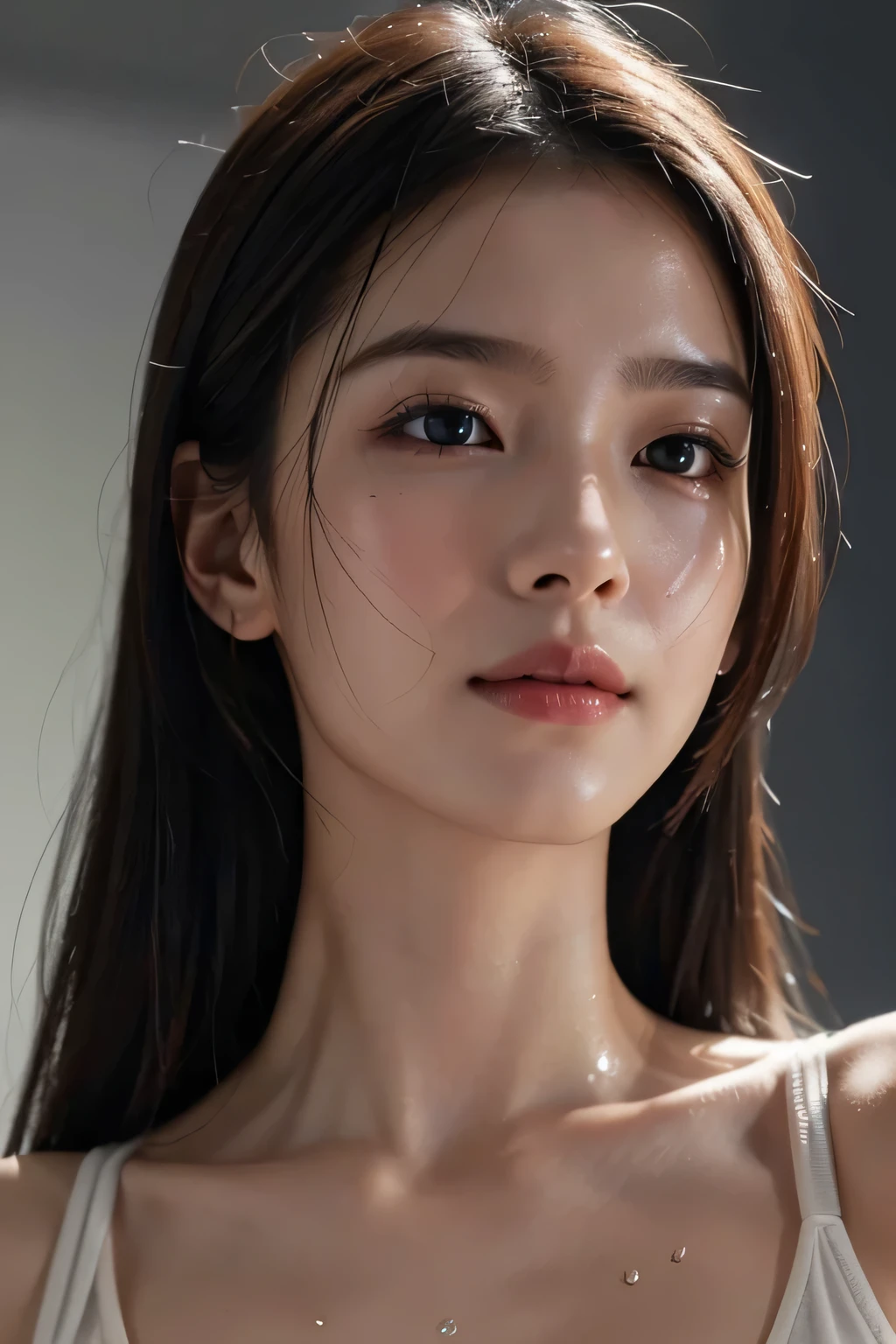 highest quality、masterpiece, ultra high resolution、(Photoreal:1.4)、RAW photo、1 girl、glowing skin、wet body、dramatic lighting, RAW photo, table top:1.3, Super high resolution:1.0, sharp focus:1.2, beautiful woman with perfect figure:1.4, thin abs:1.2, wet body:1.5, 非常に詳細なfaceと肌の質感, fine eyes, double eyelid, Perfect face balance, Clean system, 笑face, Soft light in a beautiful studio, rim light, vivid details, surreal, fine and beautiful skin, realistic skin, rubber suit, beautiful face, Beautiful woman, high solution face, Soft texture, Nudem, zoom in, close, face