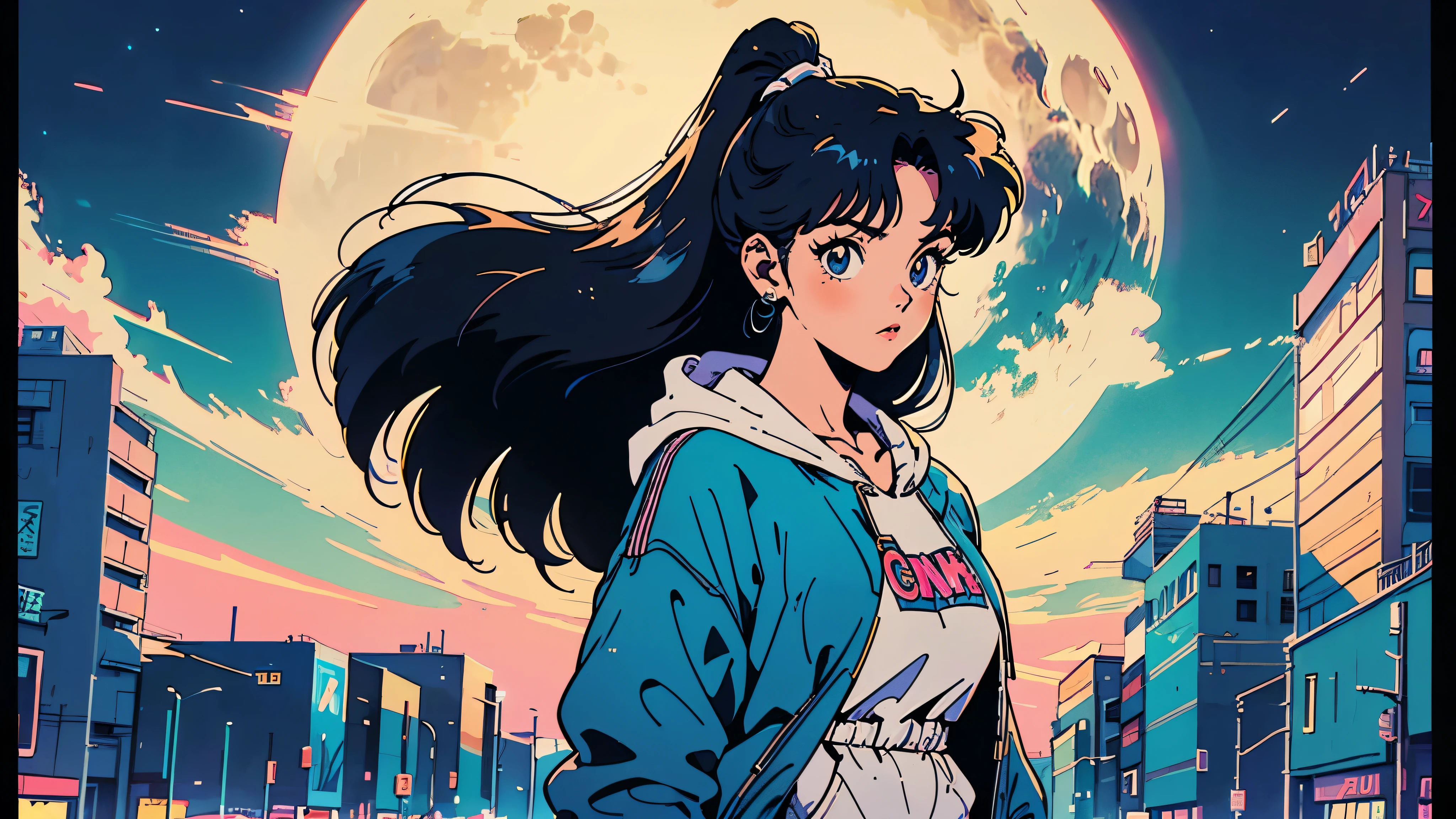 (table top:1.5, highest quality:1.5), ((vaporwave style, partially colored)), (((vanilla))), (((Upper body))), 1 female, dark and hairless, ((long hair)), ponytail, (((Big white hoodie))), Fashion of the 90s, (((standing pose)), wearing a jacket over blue pajamas, The background is the city at night, retro anime, 1990s anime, 1980s anime, retro anime style, masterpiece, highest quality, beautiful anime, (ultra-detailed background, detailed background), High resolution, Super detailed, lo-fi illustration, anime art wallpaper 4k, anime art wallpaper 4k,