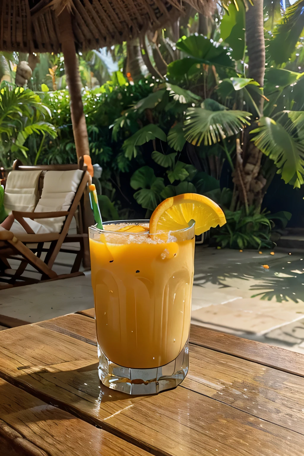 close-up picture of one fresh orange juice, on the rustic wooden table, nestled beneath the shade of a swaying palm tree in the heart of Bali, Indonesia. an exquisite display of vibrant tropical fruits beckons, realistic picture, high precision picture, no people, pool in the background, low saturation picture, retro
