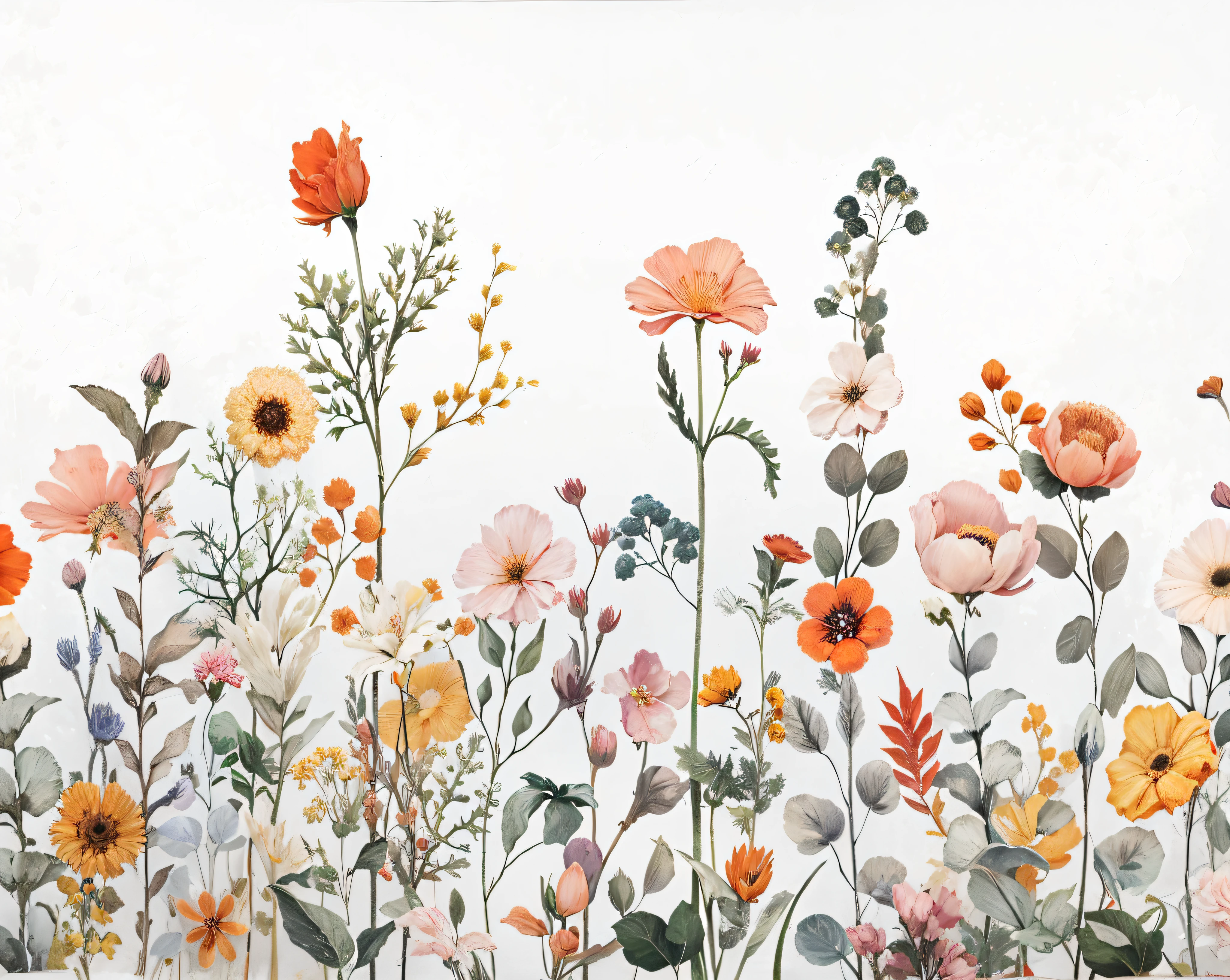 There is a painting of a flower field on a white background, Fondo pintado floral, floral explosion, an aesthetic field of flowers, patchy flowers, botanical rainbow backdrop, Floral details, delicate garden on paper, floral environment, floral growth, Floral!, floral embroidery, Blooming flowers, made of wildflowers, floral wallpaper, field of flowers background, floral flowers colorful, Meadow flowers