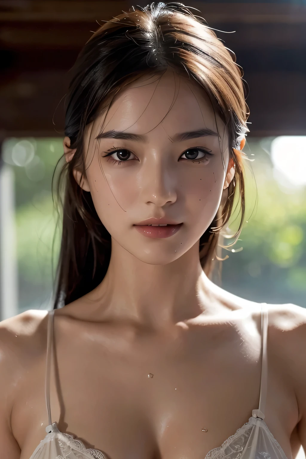 highest quality、masterpiece, ultra high resolution、(Photoreal:1.4)、RAW photo、1 girl、shiny skin, wet body, dramatic lighting, RAW photo, table top:1.3, Super high resolution:1.0, sharp focus:1.2, beautiful woman with perfect figure:1.4, thin abs:1.2, wet body:1.5, 非常に詳細なfaceと肌の質感, fine eyes, double eyelid, Perfect face balance, Clean system, 笑face, Soft light in a beautiful studio, rim light, vivid details, surreal, fine and beautiful skin, realistic skin, rubber suit, beautiful face, Beautiful woman, high solution face, Soft texture, nude, close, face