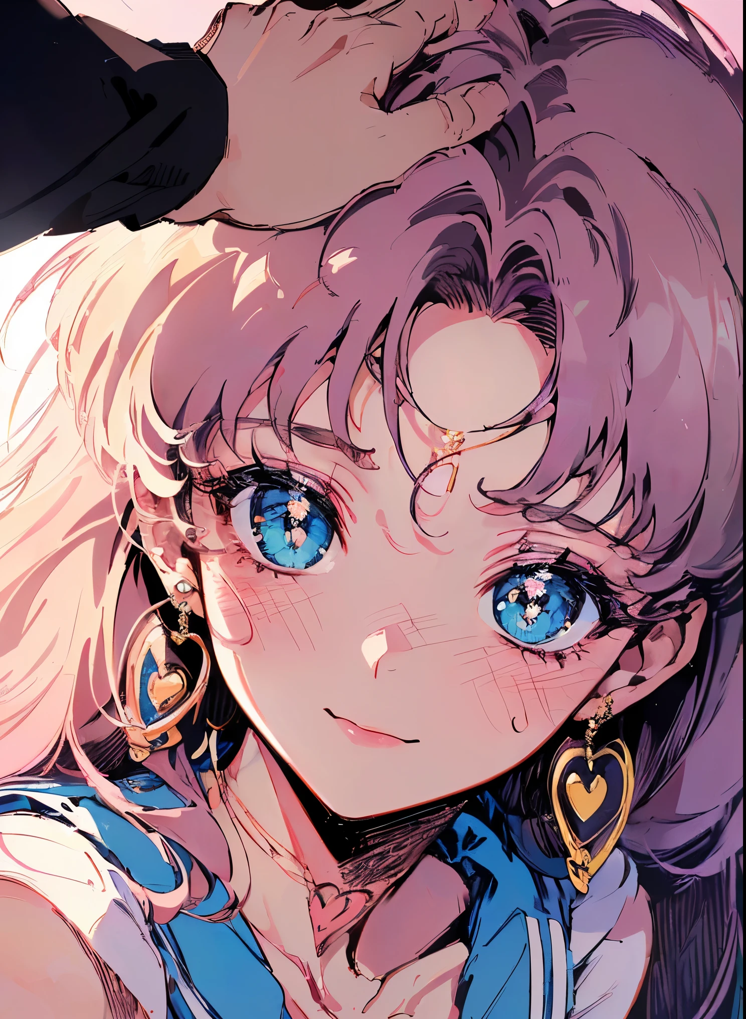 (90's anime style,1990s style,1970s anime, in the style of sailor moon,clear, (blush:1.7)，(zentangle:1.1), (geometric:1.1), ((1girl,amazing,sharp focus,cute，Solo,))(Masterpiece,Best quality, offcial art, Beautiful and aesthetic:1.2),(incredibly_absurdres,Golden ratio,) (16k),(upper upper shot,close up),Sharp focus, (highdetailskin,)，Delicate pupils,(detailed hair|retro hairstyle|heart earrings|pink bow),(masterpiece sidelighting),(The sheen),(beautiful hair,beautiful eyetremely_Detailed_Eyes_and_smiling_face),Brilliant,Glossy,Smiling 