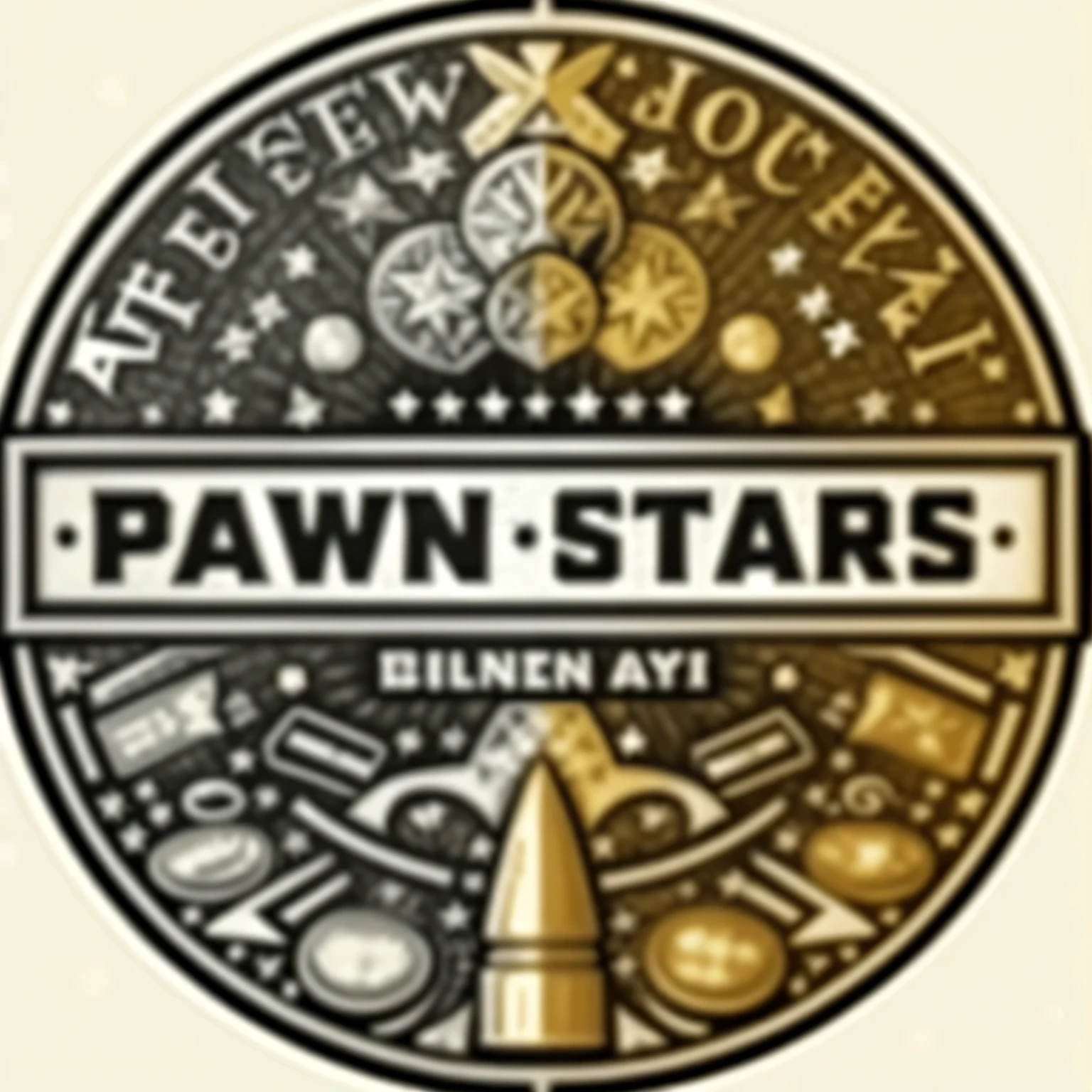 pawn stars logo with a bullet and a pile of coins, dan, stars, tan, old pawn shop, ✨🕌🌙, by Jim Davis, rockstar games, pentagrams, glowing stars, brawl stars, handheld, fan art, by Ronald Davis, logo, logo, official artwork, pam, star flares, night stars, logo art