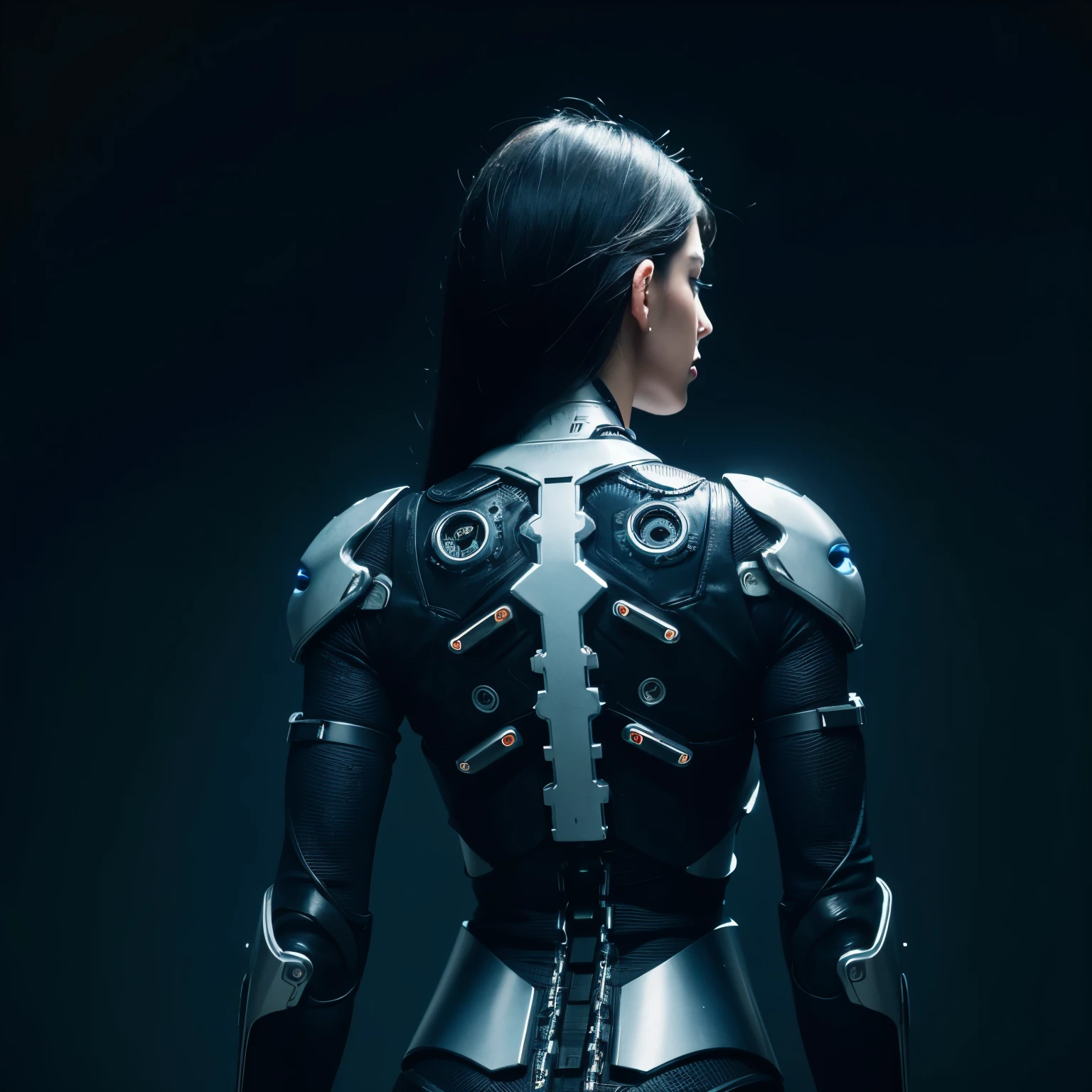 cyborg style, 1girl, solo, black hair, blue eyes, cable, mechanical parts, spine, android, cyborg, science fiction, simple background, black background from behind, high quality, high resolution,look at me,
1girl,(RAW photo:1.3),8k,best quality,ultra high res,beautiful,masterpiece,
