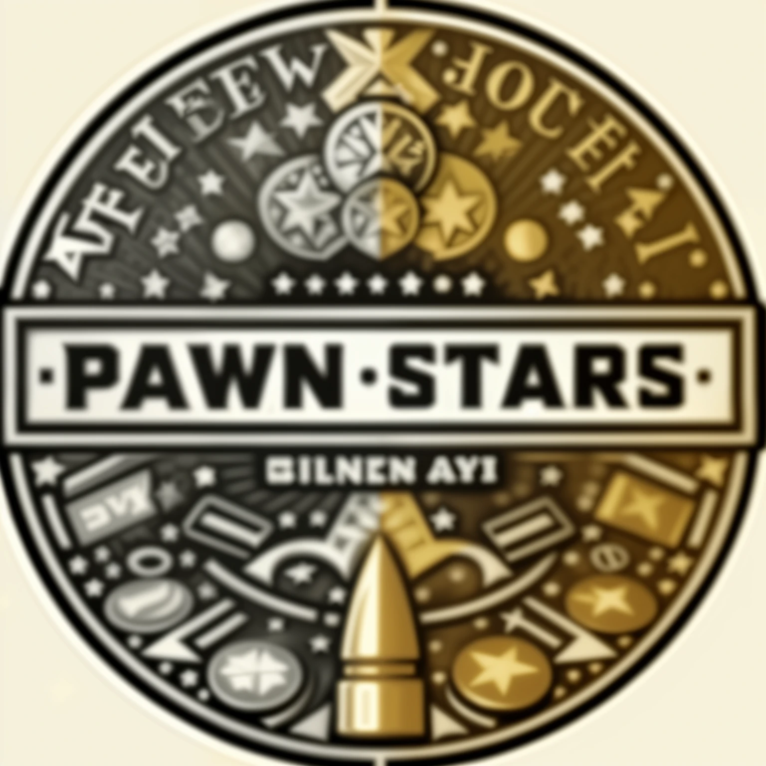 pawn stars logo with a bullet and a pile of coins, dan, stars, tan, old pawn shop, ✨🕌🌙, by Jim Davis, rockstar games, pentagrams, glowing stars, brawl stars, handheld, fan art, by Ronald Davis, logo, logo, official artwork, pam, star flares, night stars, logo art