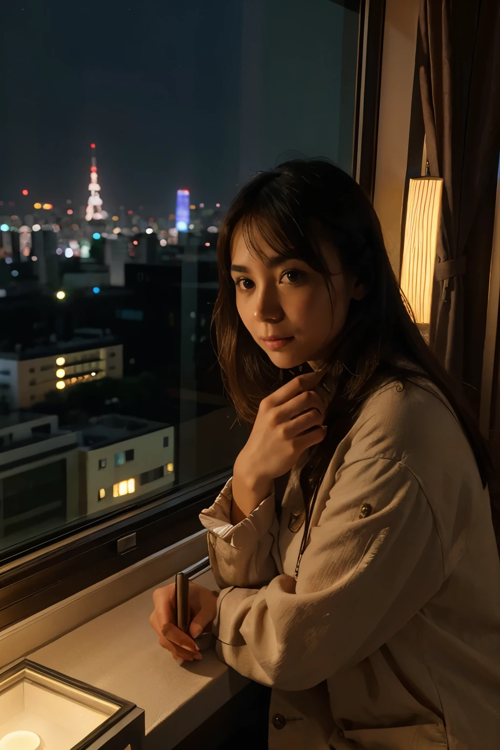 The final post of the day shows Elena in her cozy hotel room, the night view of Tokyo's lit-up skyline outside her window, as she reflects on her first day in the city.