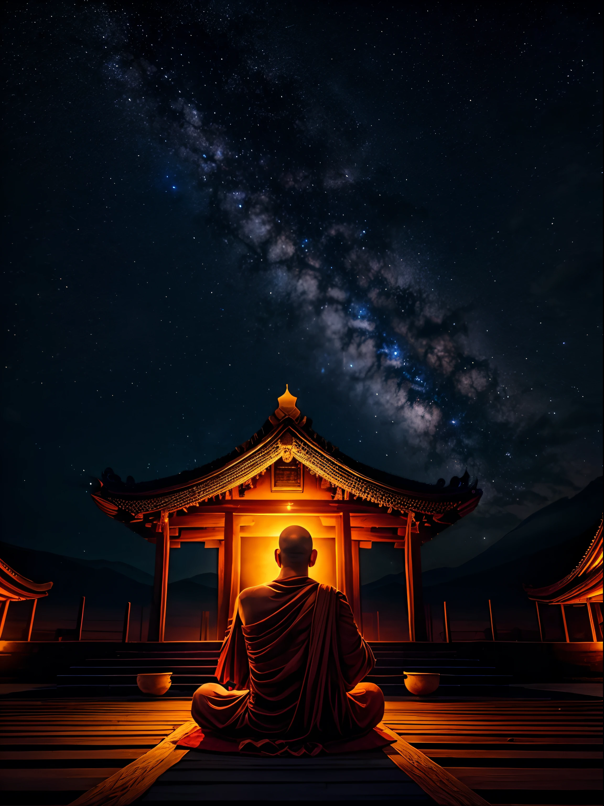 monge, meditation, noite, Temple, noite sky full of stars, tranquil noite, obra de arte, incredible