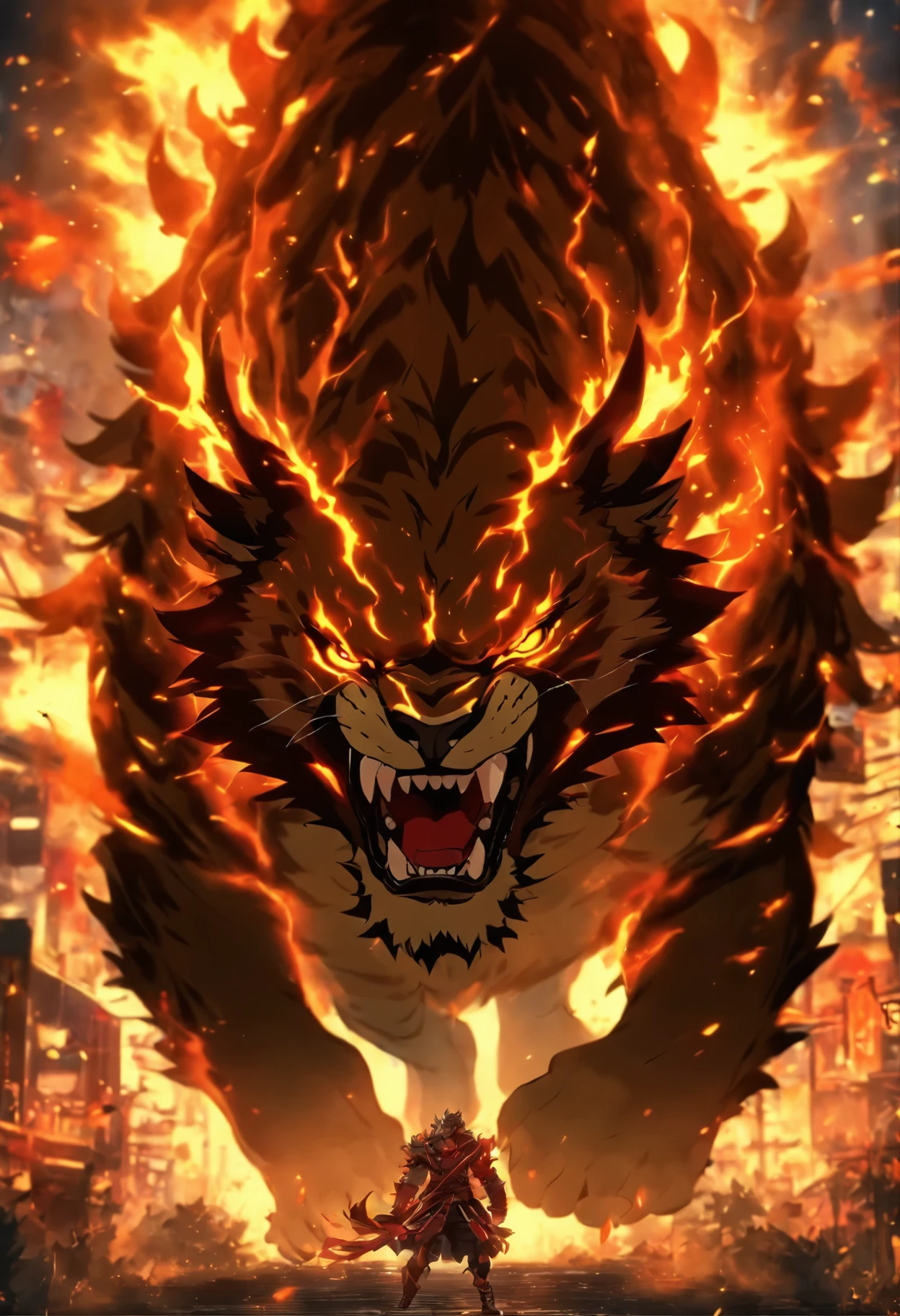 Strange monsters in a fantasy world,sabertooth tiger,long canine teeth,Strong limbs,Covered in flames,Blood,Covered with thick spikes,Moon Night,中景 the scene is,Full body like, highly detailed surreal vfx,oc rendered,Shot with 70 mm - AR 16:9 --q 2 --s 1000
