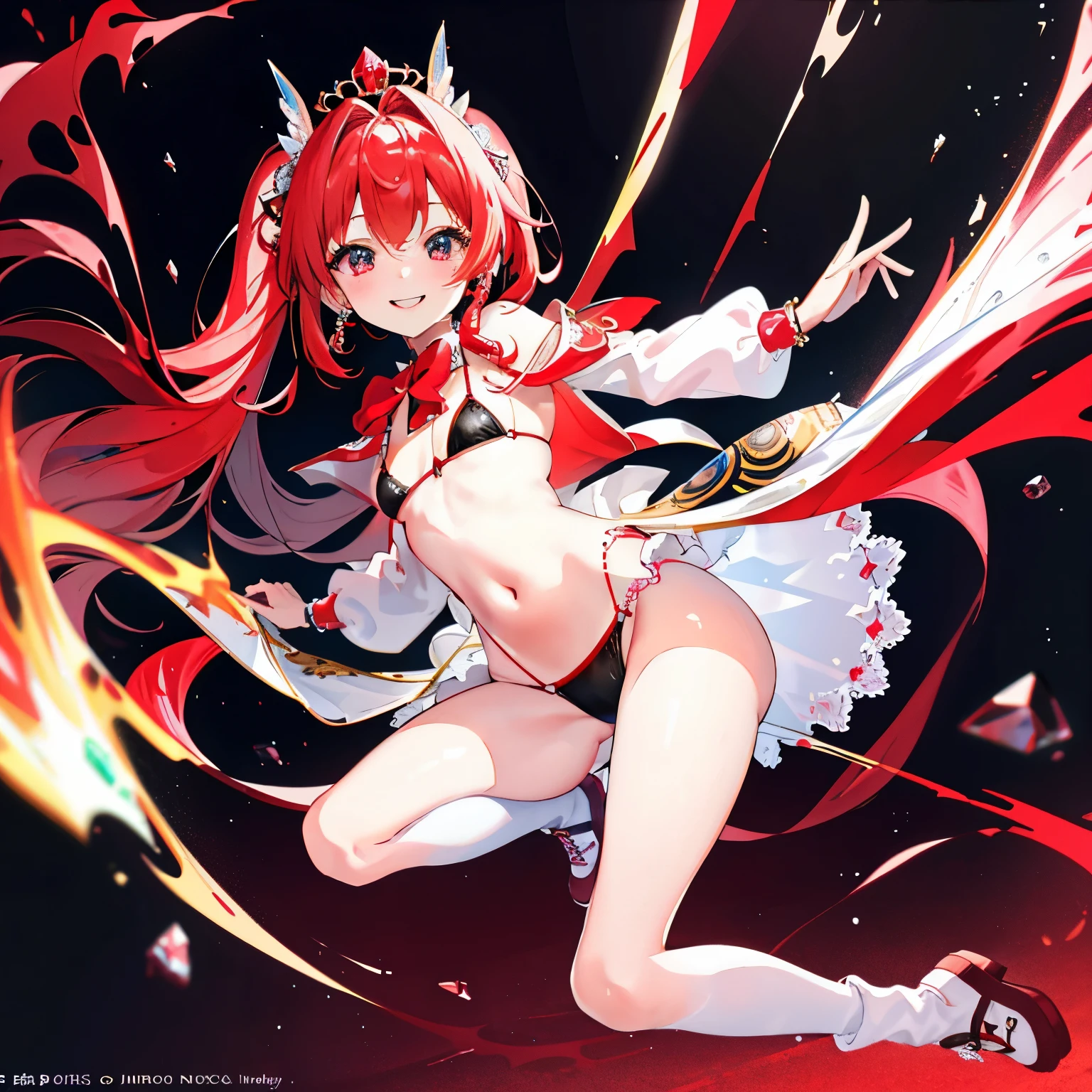 Top Quality, Masterpiece, High Definition, Very Detailed, 8k, One Girl, Cute, Anime, Crystal Clear White Skin, Sensual, Full Body, 2nd Grade of Junior High School, , Beautiful Cute, Bow on Head, Too Many Hair Ornaments, Cute Micro Bikini Style, Crazy Worldview, Bloody, Eyes Glowing Suspiciously Red, Fairyland, Back road, crazy smile, bright red oasis, hand on crotch, inviting,revealing clothes