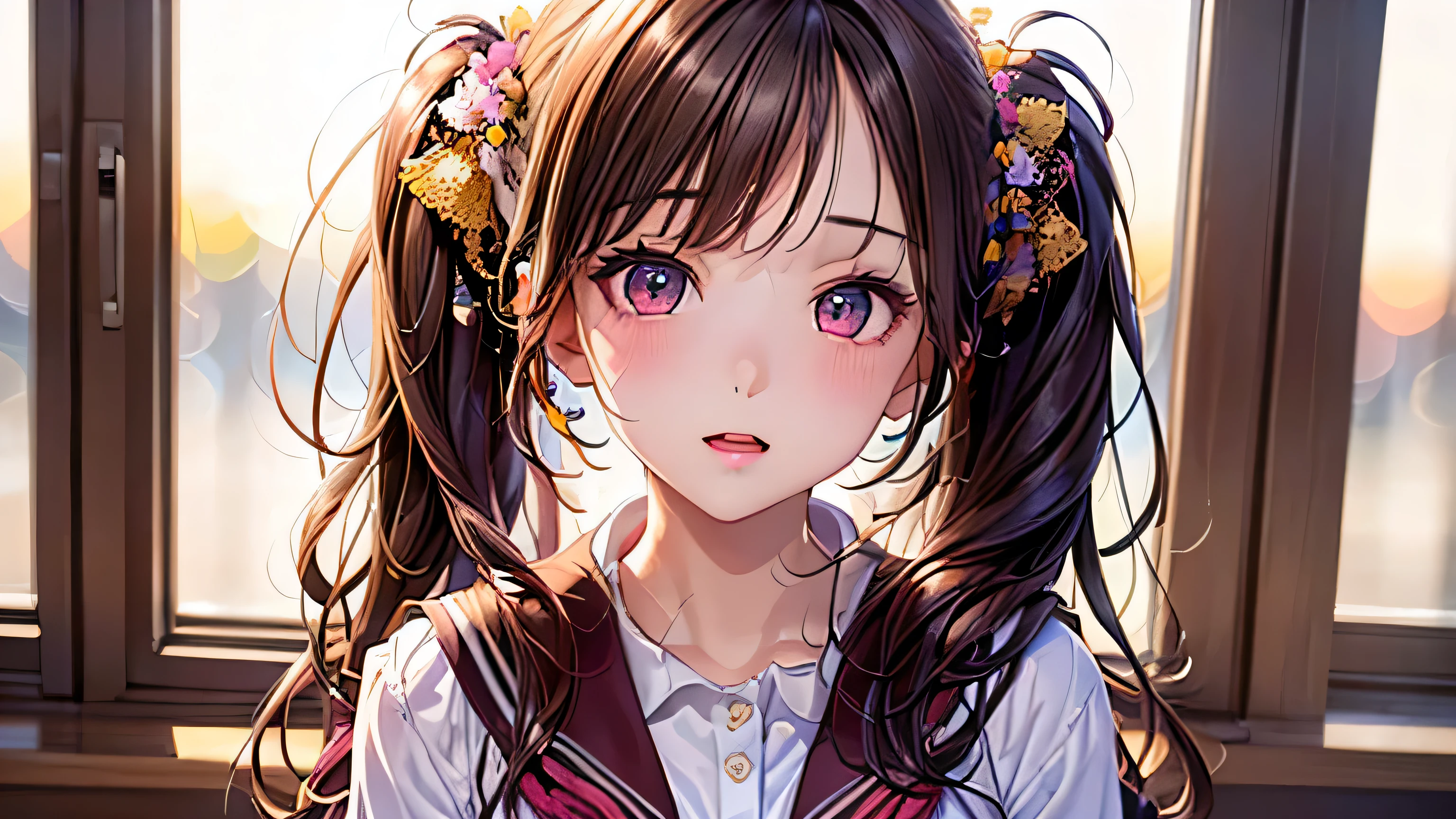 ((1girl in)), (Twintails), Brown hair, Amazing face and eyes, Pink eyes, (amazingly beautiful girl), Brown hair, (hi-school uniform, pleated mini skirt:1.5), ((Best Quality)), (Ultra-detailed), (extremely detailed CG unified 8k wallpaper), Highly detailed, High-definition raw color photos, Professional Photography, (((Bokeh))), depth of fields,