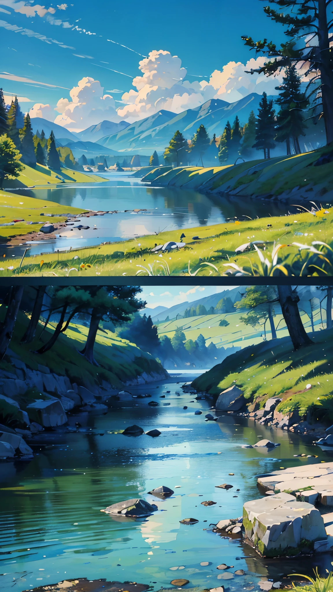 (scenery, masterpiece, best quality:1.6), no human, landscape, 8k, raw photo, absurdres, (open sky,blue sky:1.2), cloud, river, (woods, small waterfall, weeds:0.8), perspective, depth of field, HDR, sharp focus, highres, photography, realistic, highest detailed, extreme detailed, ultra detailed, finely detail