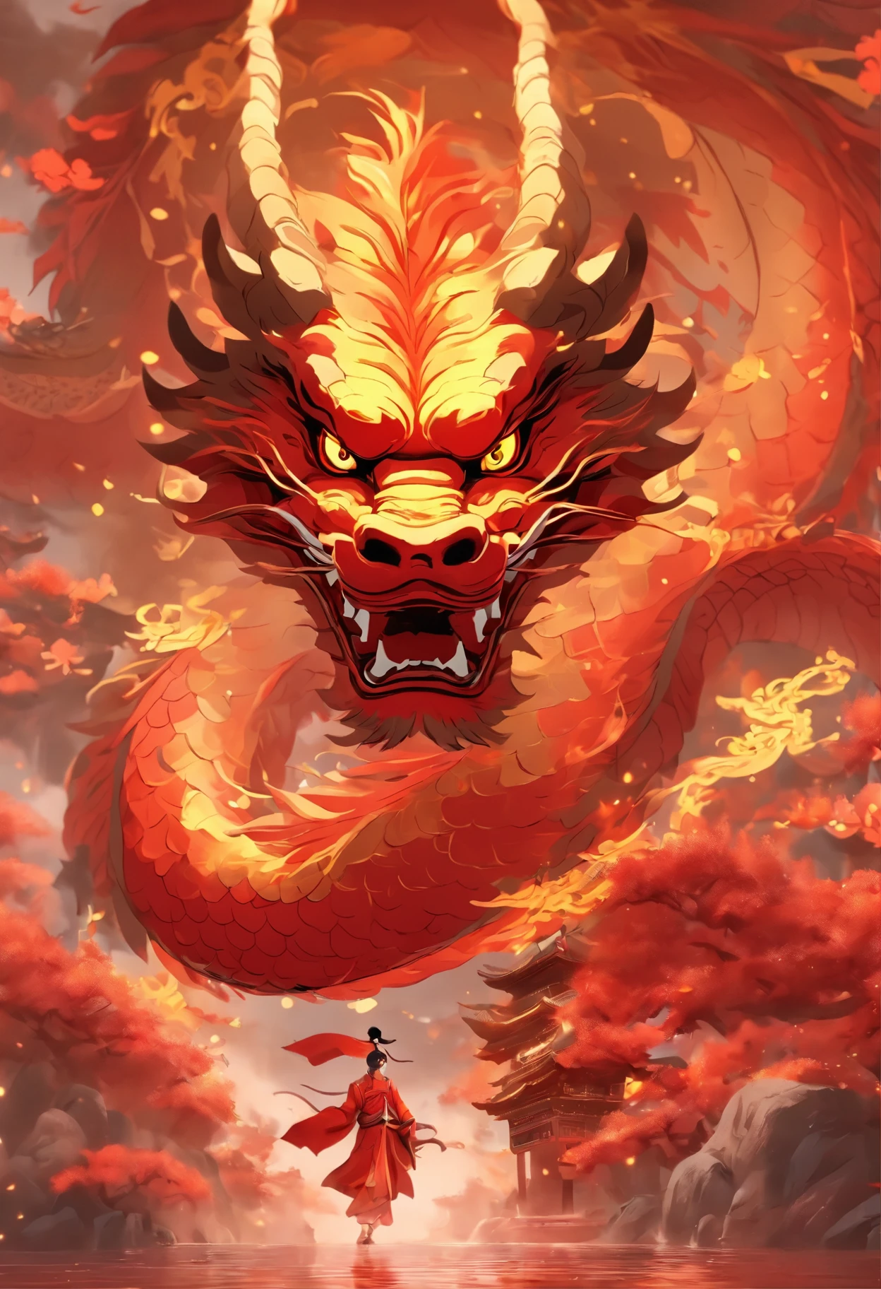 chinesedragon,Traditional Chinese culture,levitating,meander,Red tone,tmasterpiece,4K