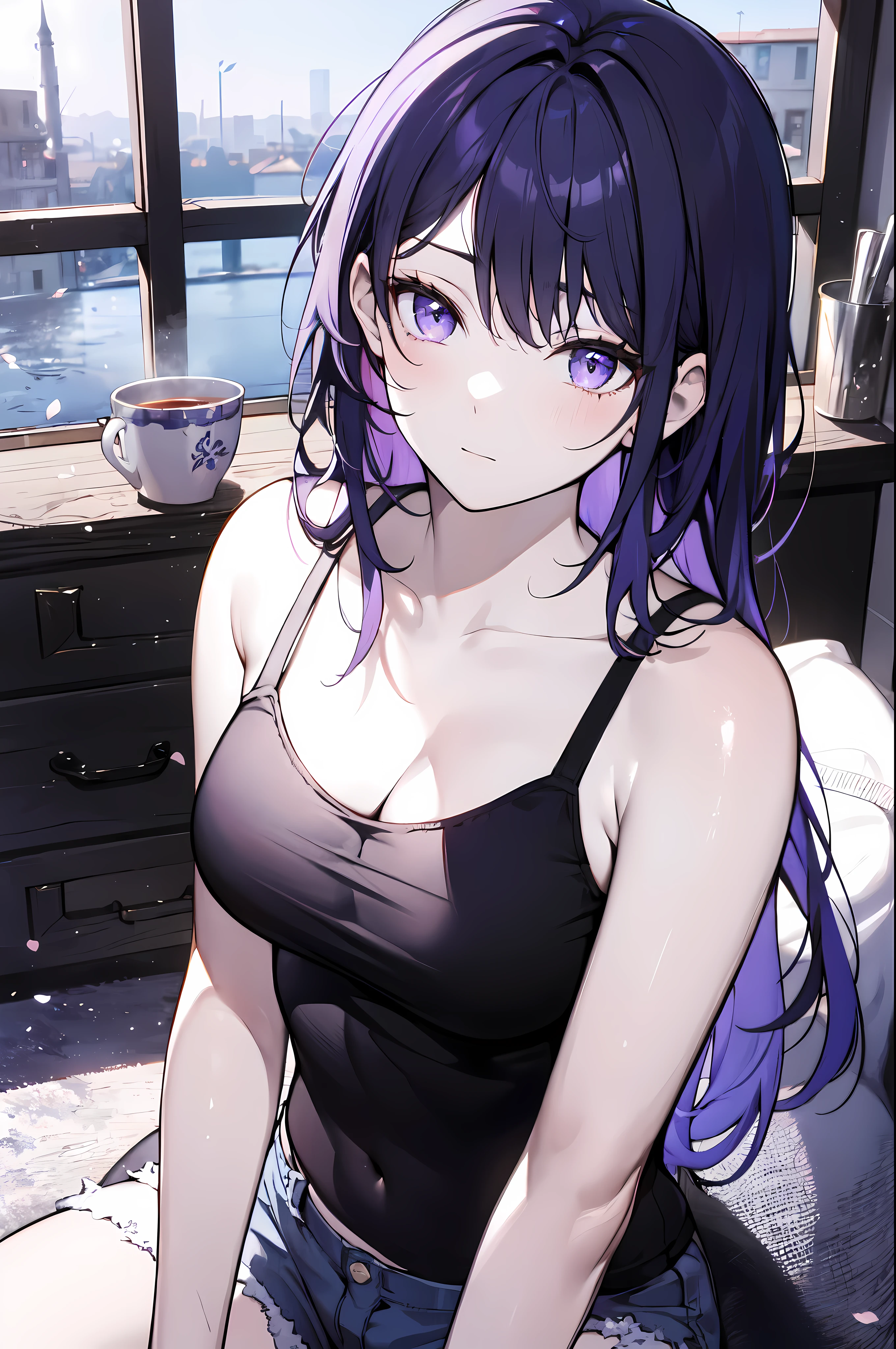 detailed, (masterpiece:1.2), (pale_skin:1.2), (solo:1.2), (female), slender, outdoors, headtilt, long hair, bangs, closed mouth, (black camisole:1.3), (bare shoulders), purple_hair, collarbone, shorts, sitting, (emotionless), purple_eyes