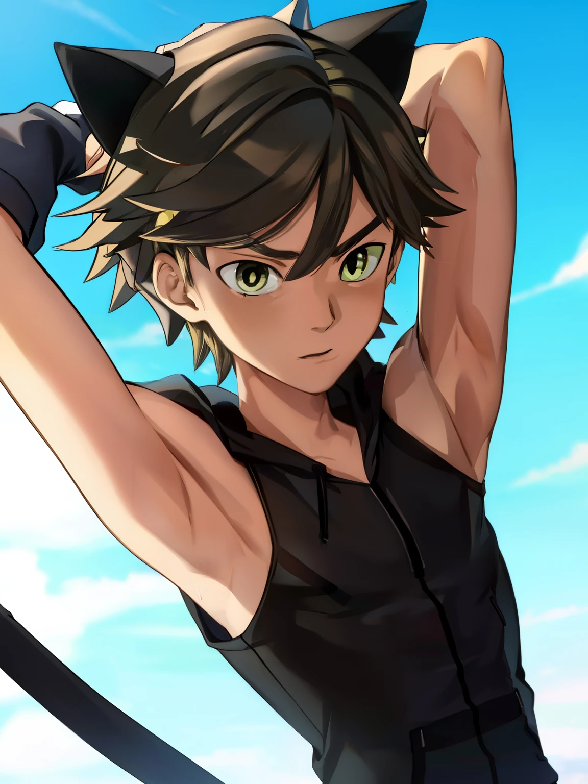 Highres, Masterpiece, Best quality at best,Best Quality, 1boy, Cat noir, Sleeveless hoodie, close-up the body, upper body, the day, summer, (armpit)