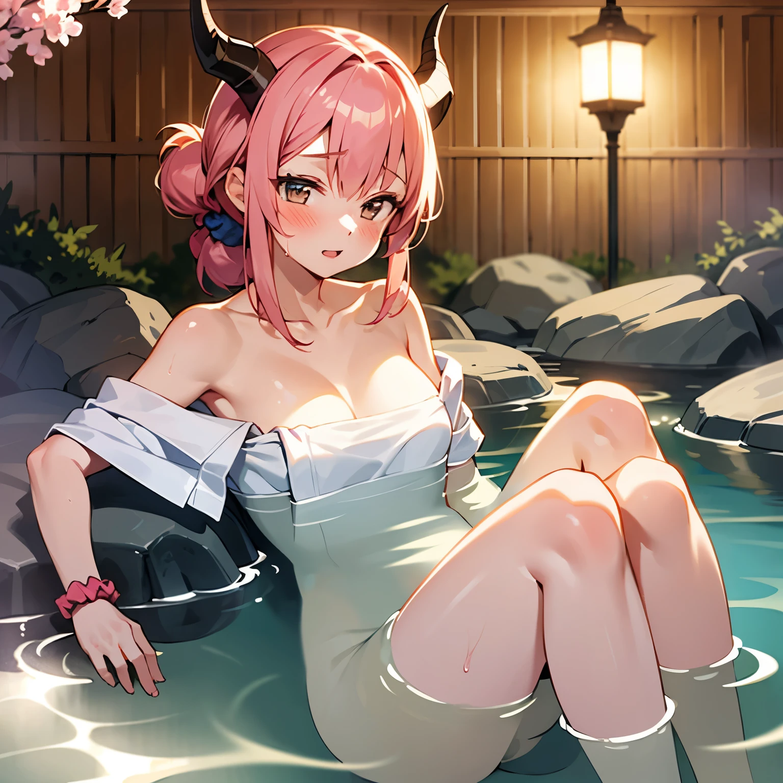 (masterpiece, best quality), 1 girl, hot spring, towel, sakura, onsen, blush, pink hair, horns, solo, off shoulder, wrist scrunchie, perfect anatomy
