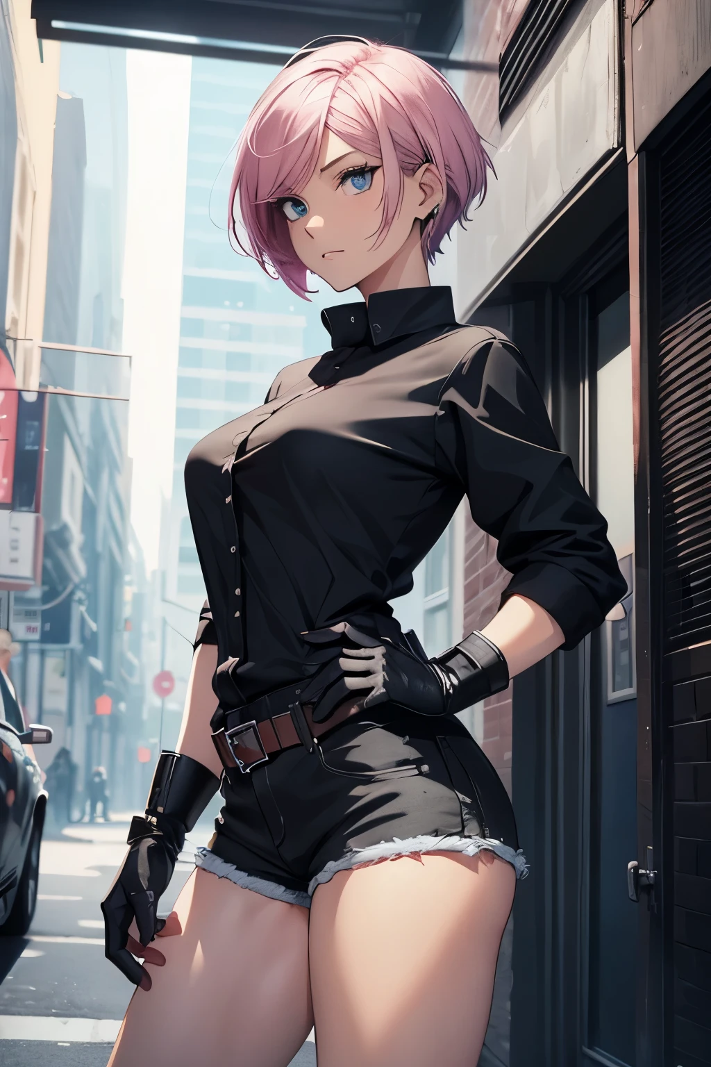 concept art, detailed sketch, sketch drawing, manga art style, young woman in casual black blouse with short shorts, British features, short pink hair with dark roots, light blue eyes, slightly defined muscles, slightly muscular arms, wearing gloves punk, robotic prosthetic left arm, in dynamic pose