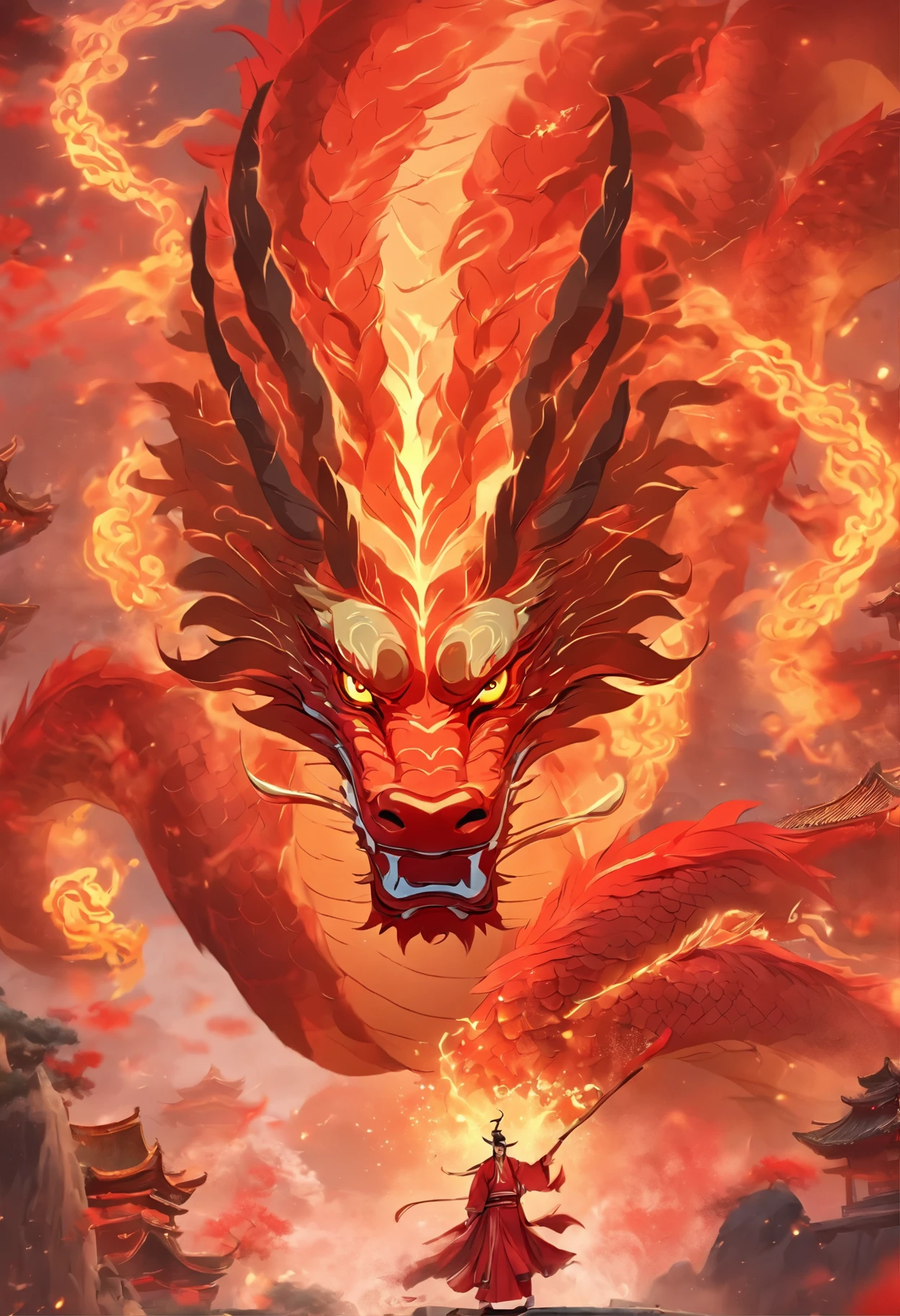 chinesedragon,Traditional Chinese culture,levitating,meander,Red tone,tmasterpiece,4K